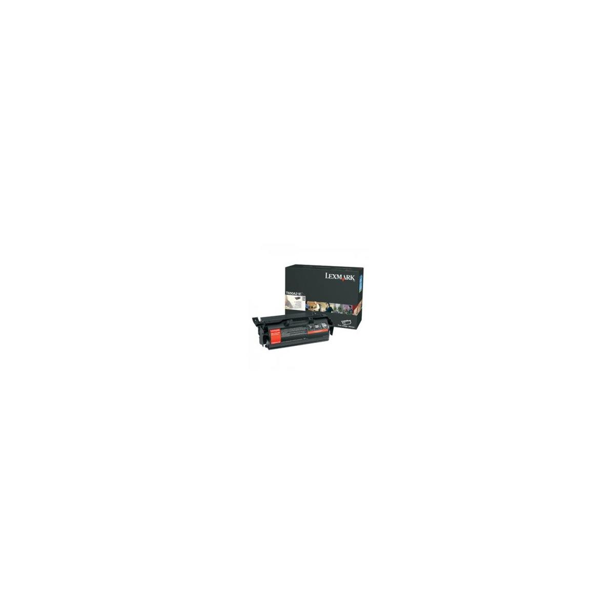 Cartuccia toner nera e scatola nera Lexmark su sfondo bianco.
