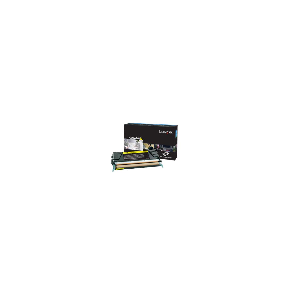 Cartuccia toner nera e scatola Lexmark su sfondo bianco.