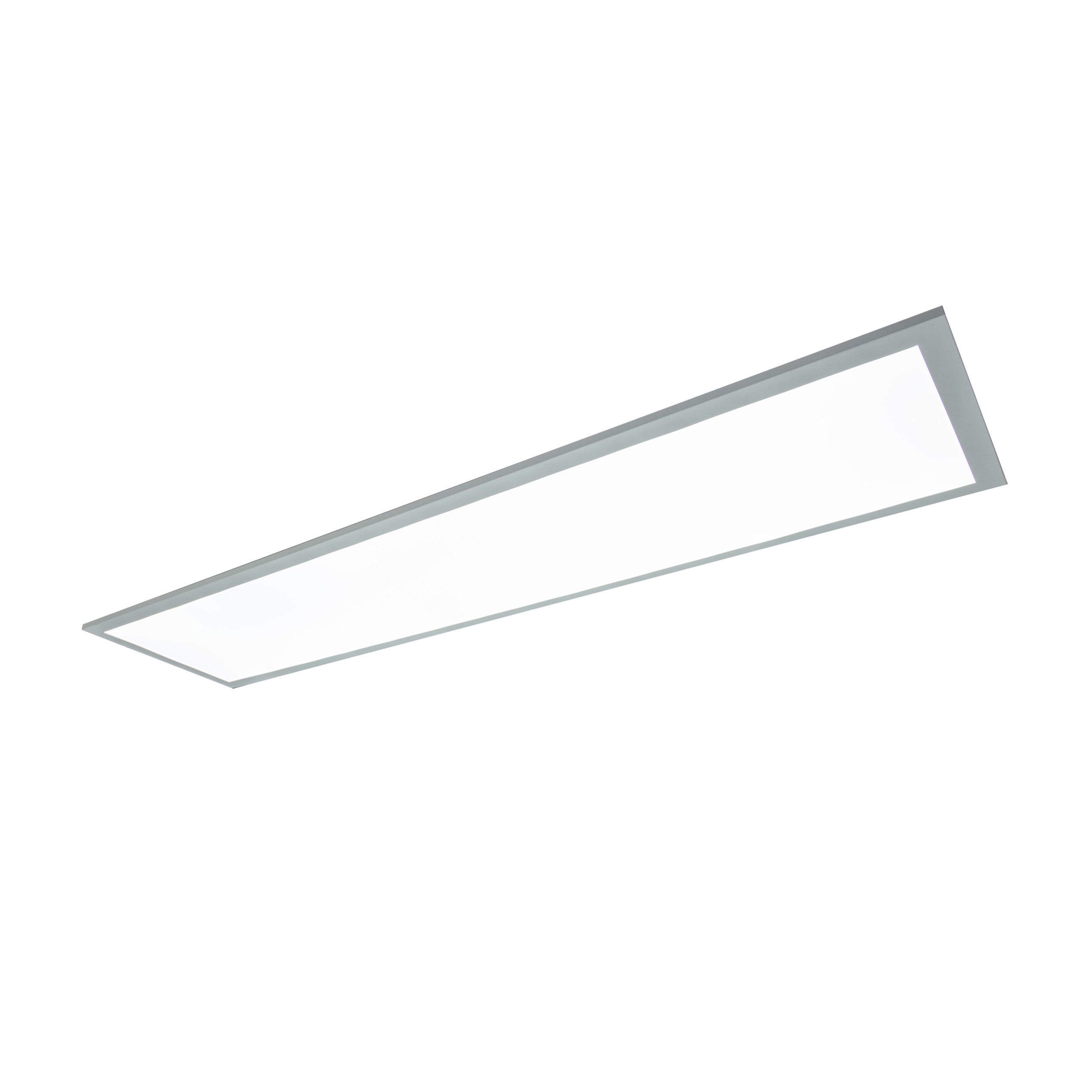 Rechteckige LED-Deckenleuchte mit weißer, leuchtender Oberfläche und silberfarbenem Rahmen, freigestellt auf weißem Hintergrund.
