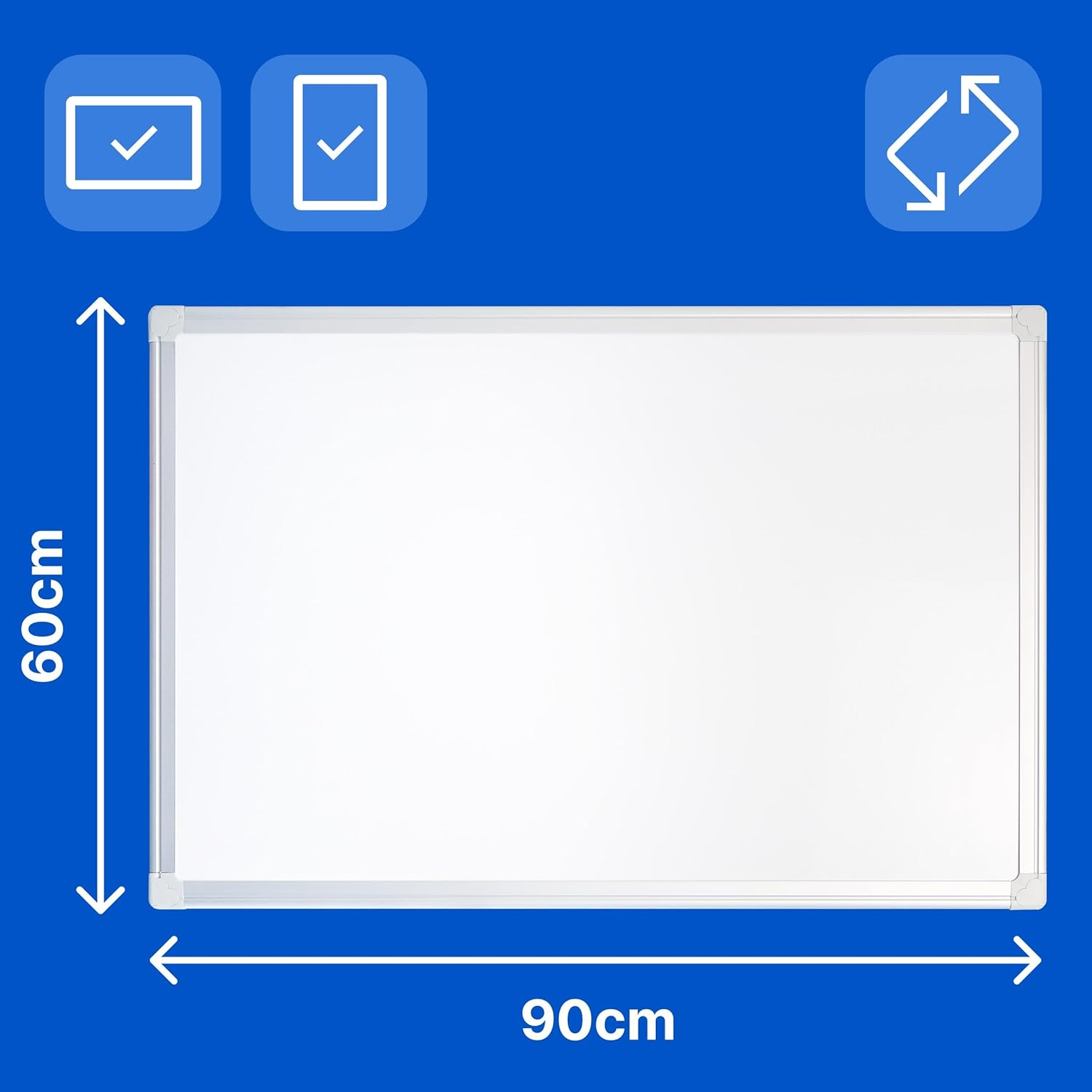 Dimensiones de la pizarra blanca: 60 cm de altura, 90 cm de ancho, con iconos arriba.