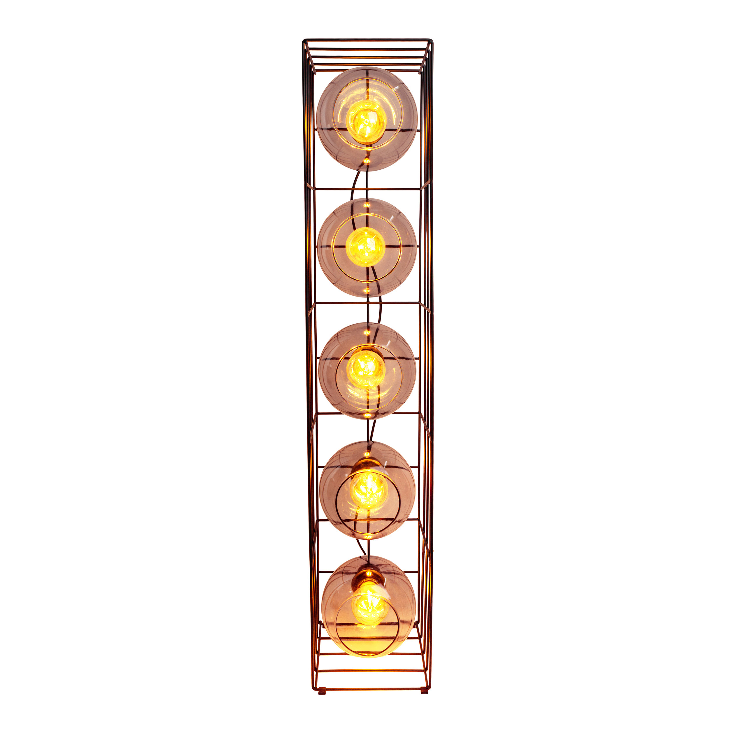 Eine hohe, vertikale Lampe mit schwarzem Metallrahmen. Sie hat fünf bernsteinfarbene Glühbirnen.