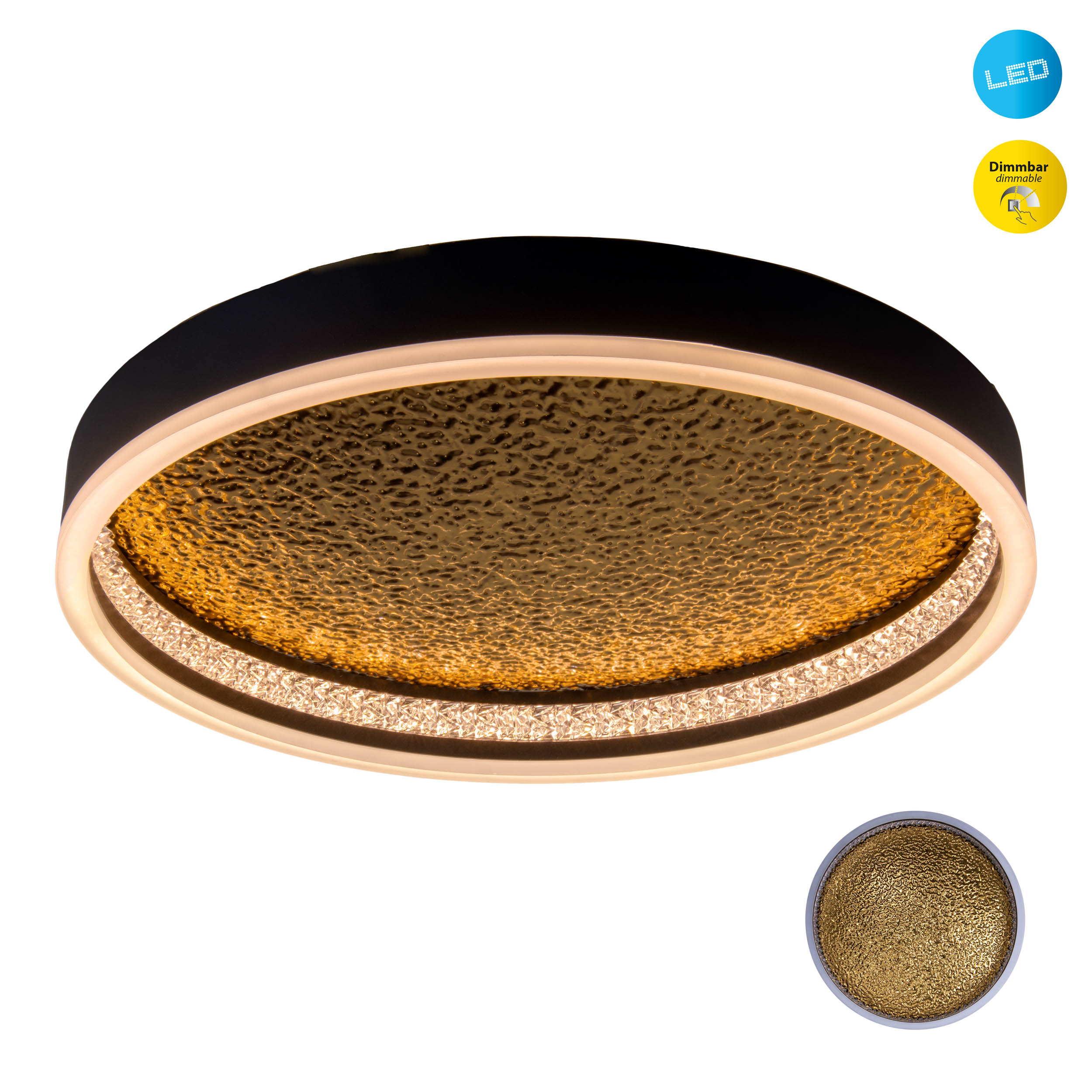 Runde schwarze Deckenleuchte mit goldfarbenem Mittelteil und weißem Lichtring, mit LED- und Dimmbar-Symbolen.