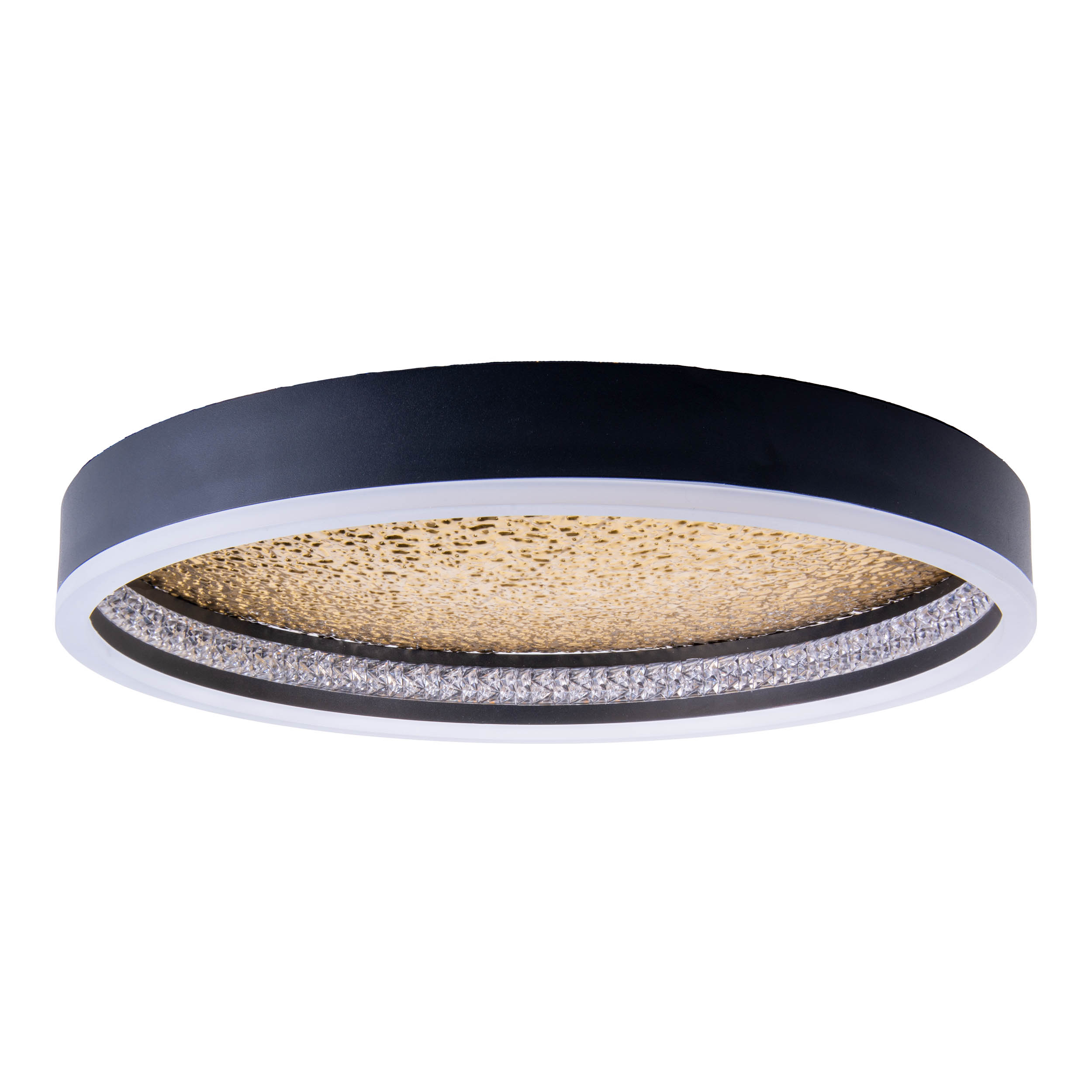 Schwarz-weiße Deckenleuchte, runde Form. Gold strukturierte Mitte mit weißem und silbernem Ring.