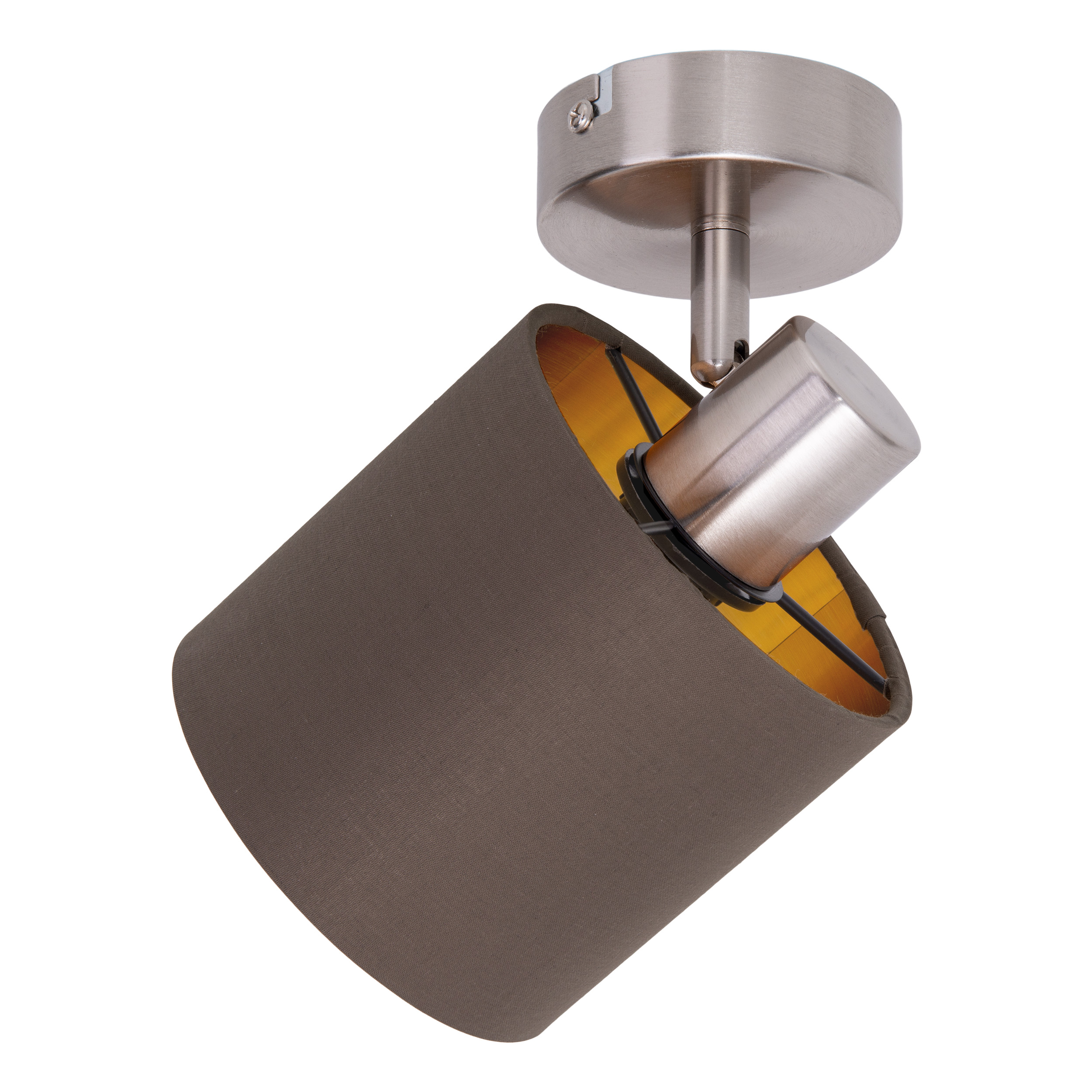 Ein Deckenstrahler mit braunem Schirm und goldenem Innenraum. Die Lampe ist metallisch und abgewinkelt.