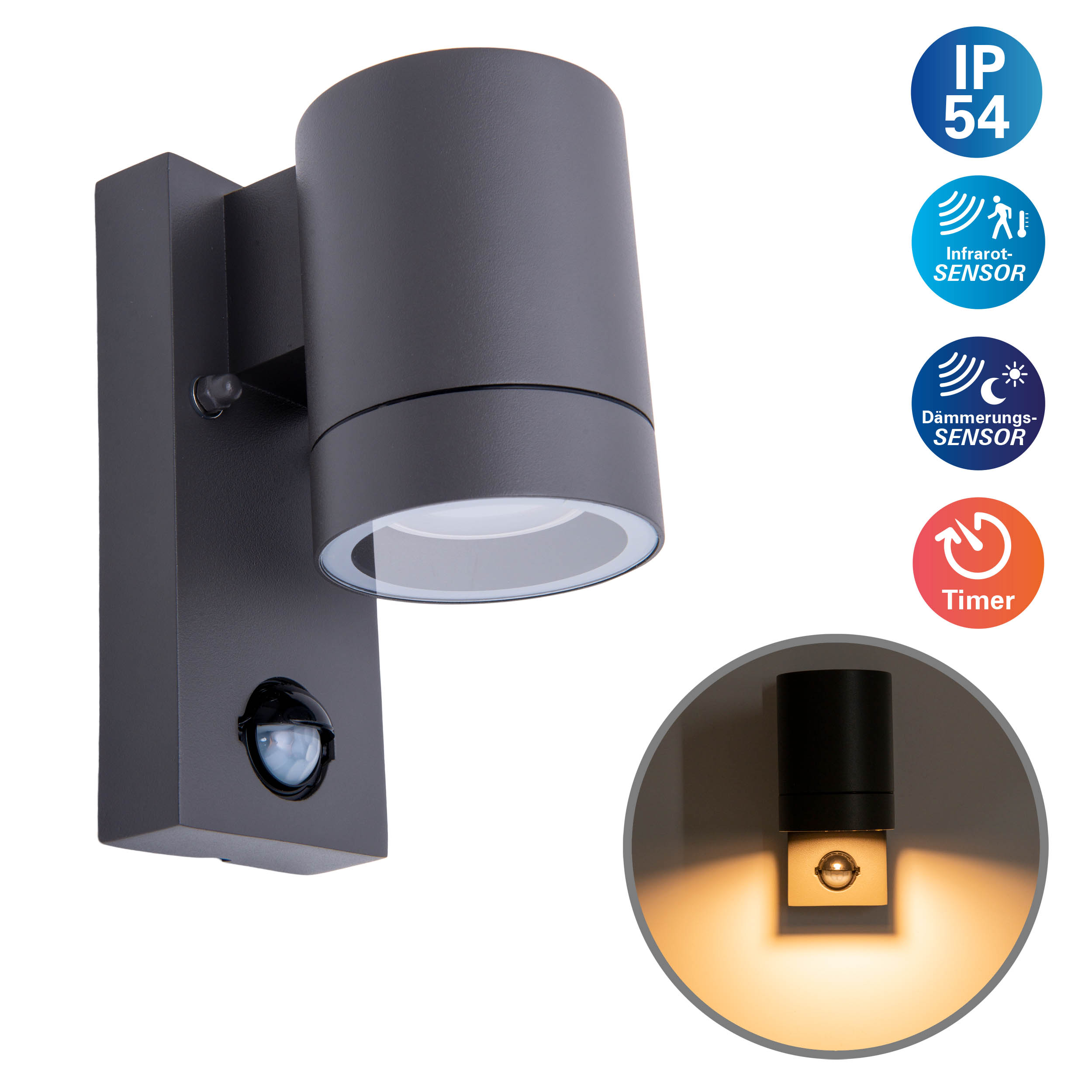 Schwarze Wandleuchte mit Zylinder und Sensor. Zeigt IP54-, Infrarot-SENSOR- und Timer-Symbole.