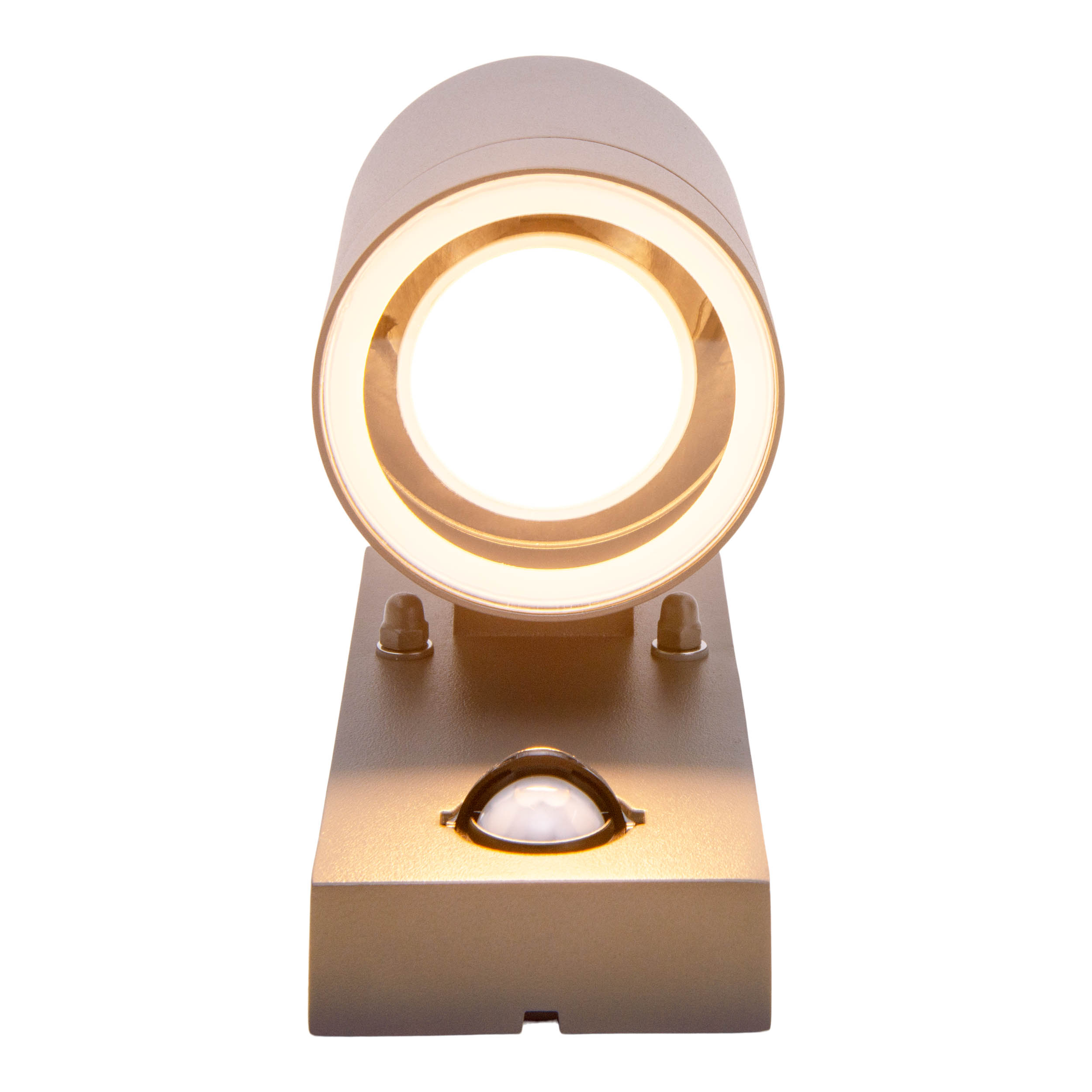 Goldfarbene Wandleuchte mit Sensor, strahlt Licht aus einer kreisförmigen Öffnung aus.