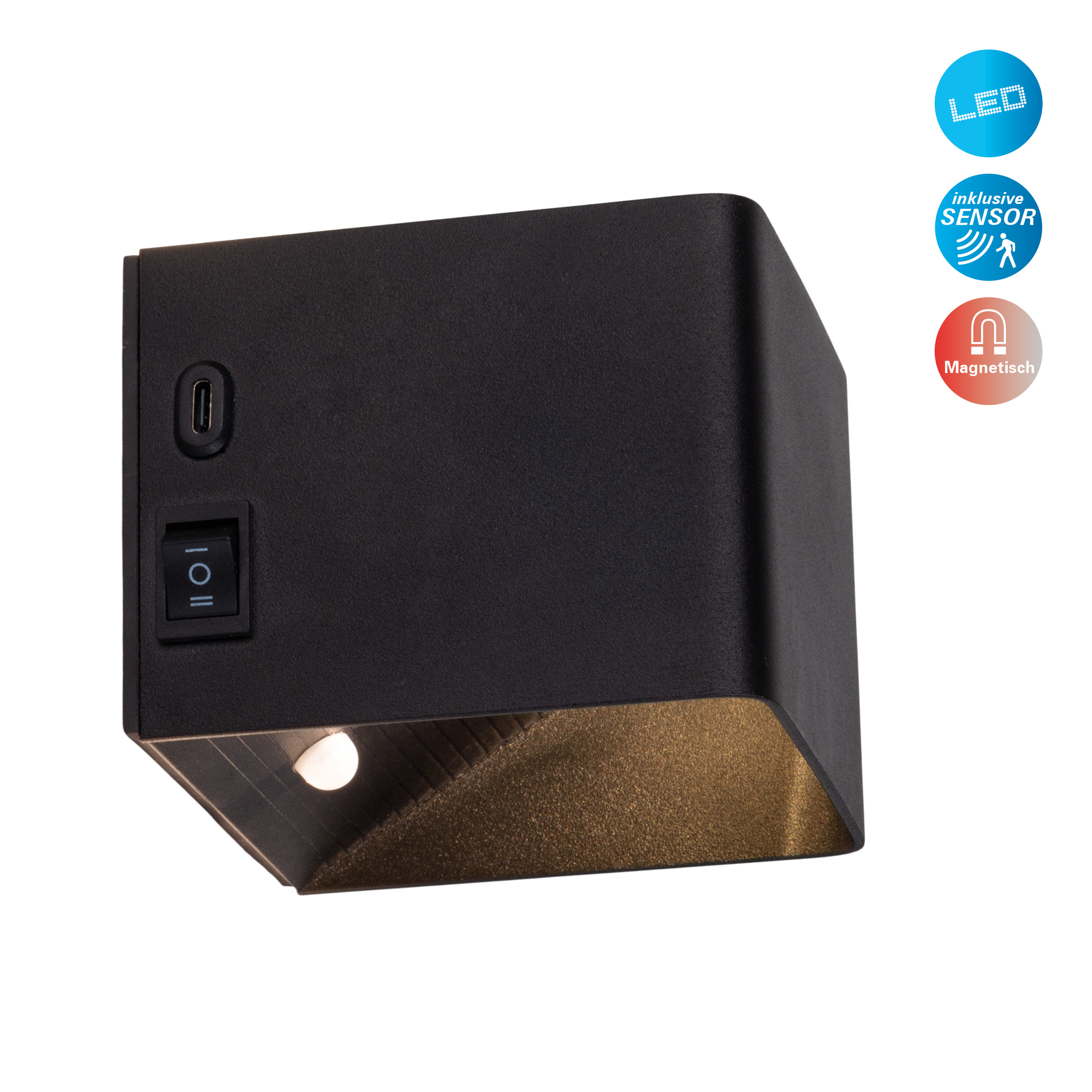 Schwarze quadratische Lampe mit Schalter und Licht. LED, Sensor und magnetische Symbole an der Seite.