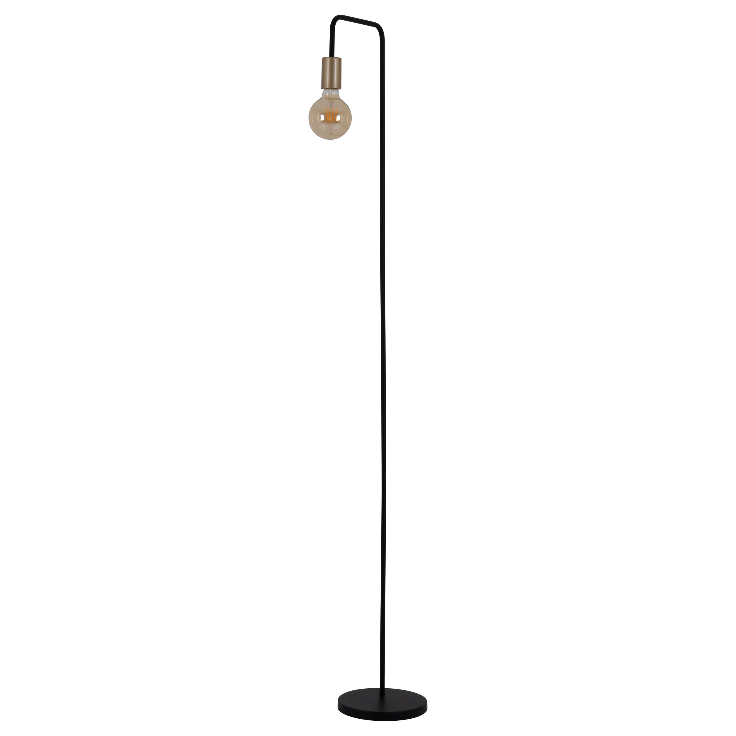 Einfache schwarze Stehlampe mit einer einzelnen leuchtenden Glühbirne, minimalistischem Design und schwarzem Sockel.