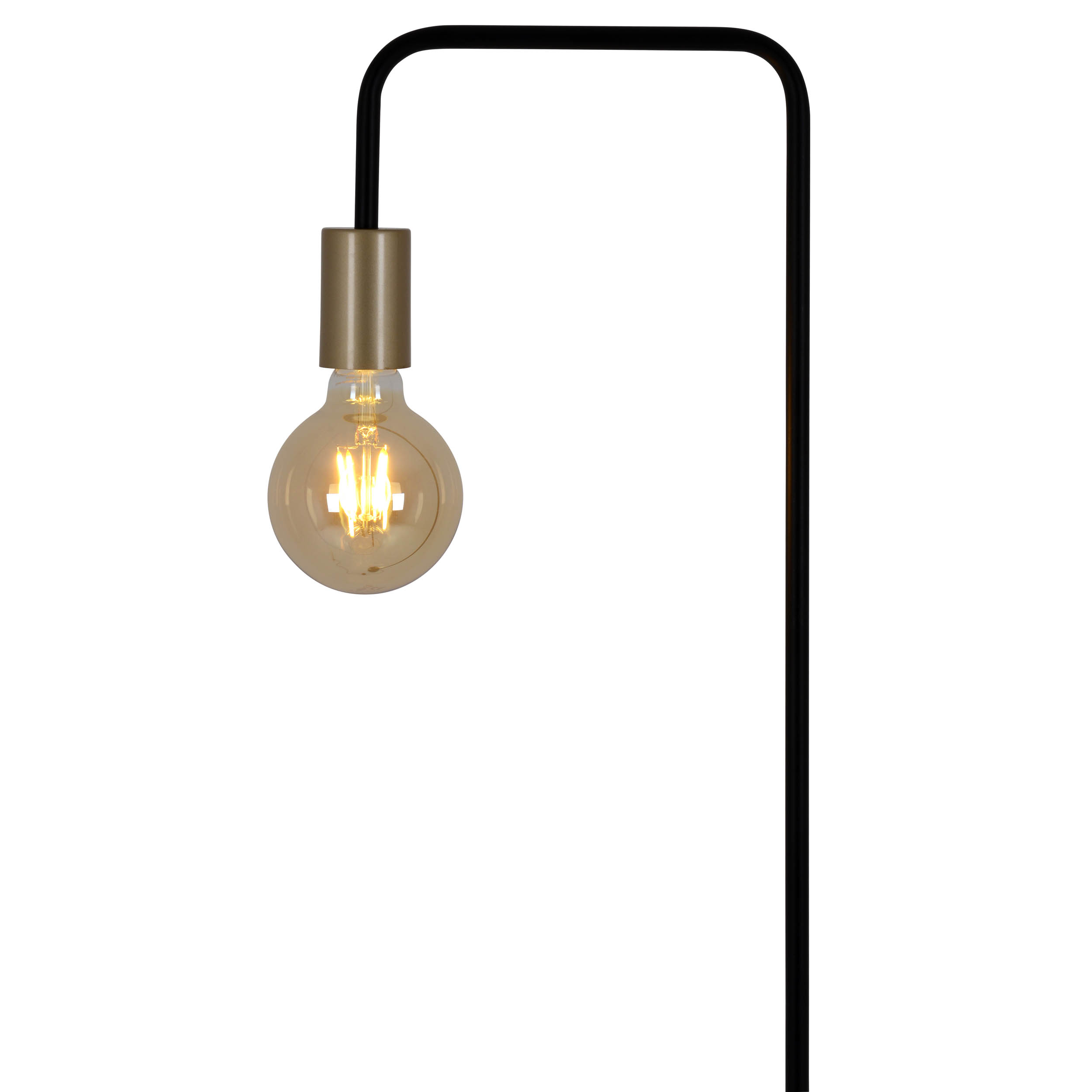 Schwarze und goldene Lampe mit gebogenem Arm. Eine Glühbirne ist befestigt. Weißer Hintergrund.