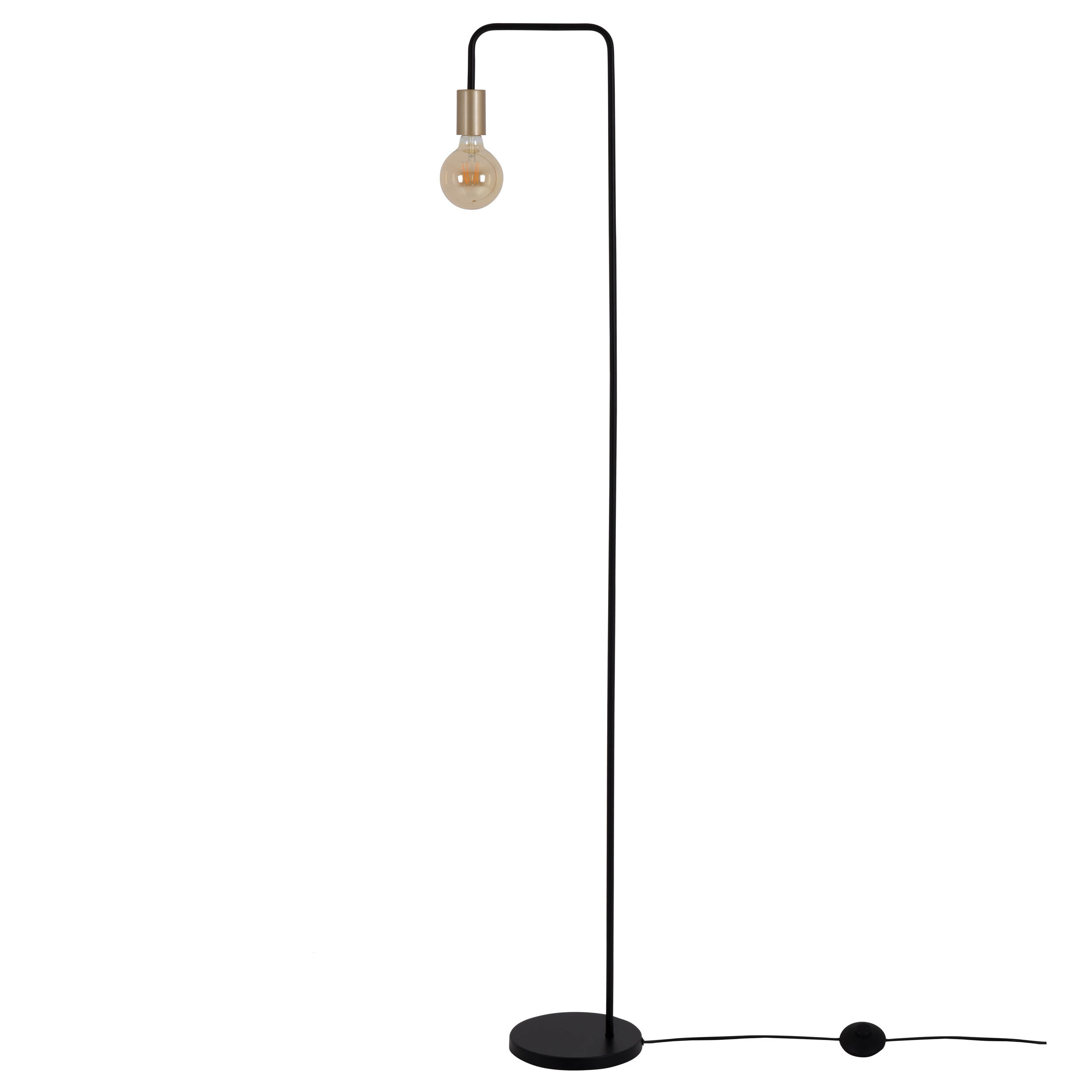 Schwarze Stehlampe mit einer einzelnen Glühbirne und einfachem Design, die Glühbirne leuchtet.