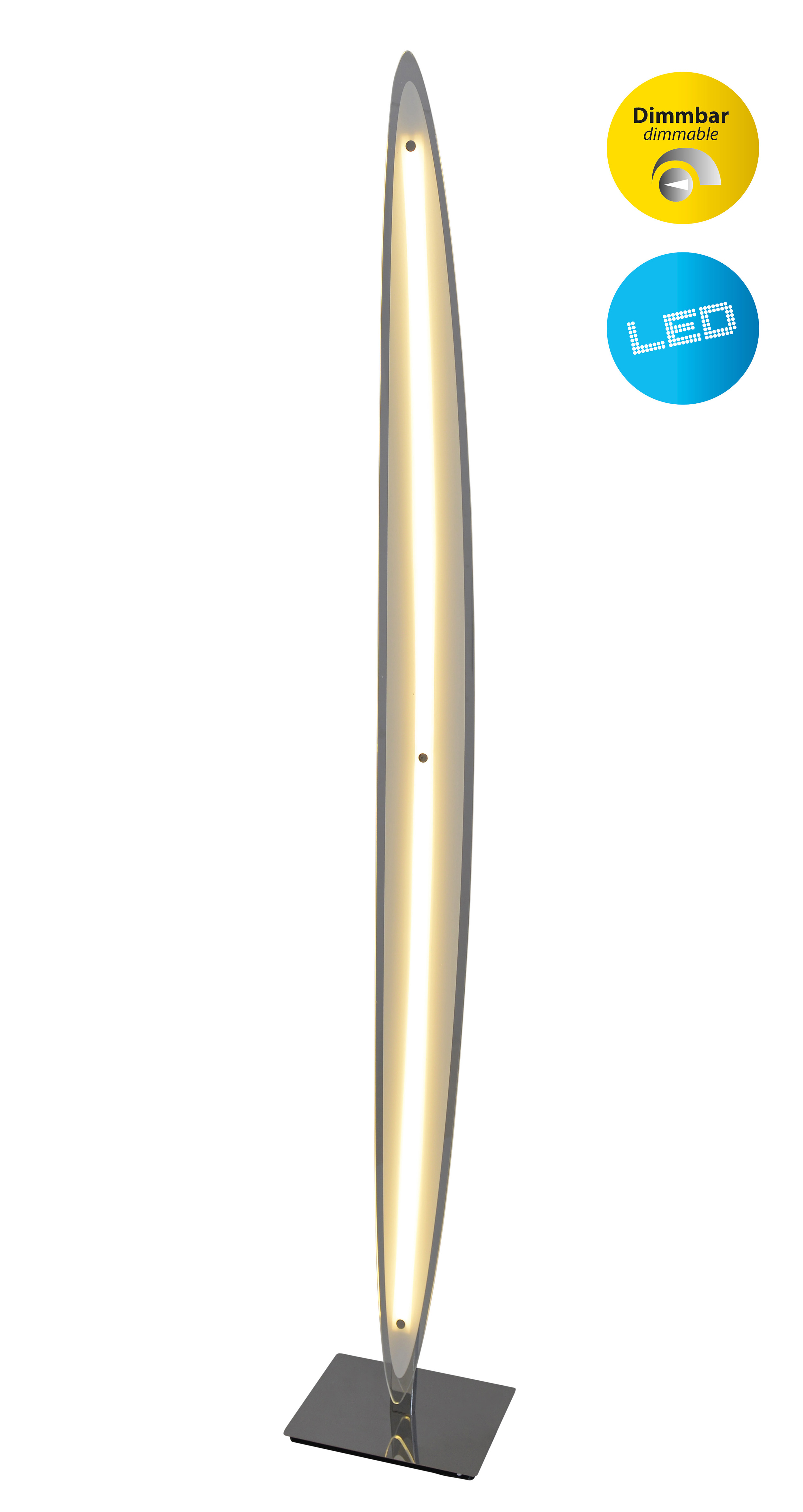 Eine hohe, dünne Stehlampe mit vertikalem Design, die Licht emittiert, mit LED- und Dimmfunktionen.