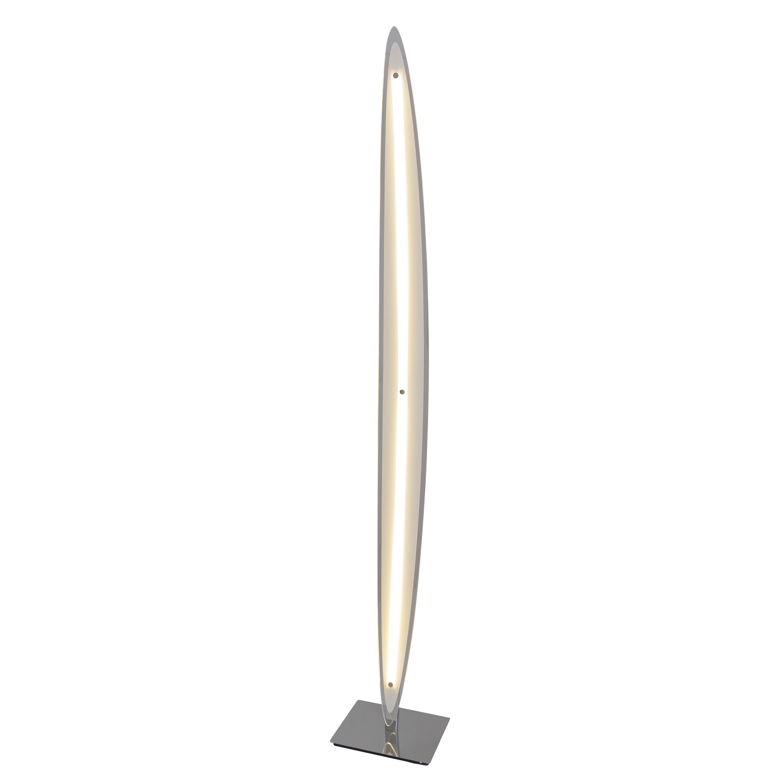 Hohe, schlanke Lampe mit silbernem Fuß und langem, ovalem Licht. Weißer Hintergrund.