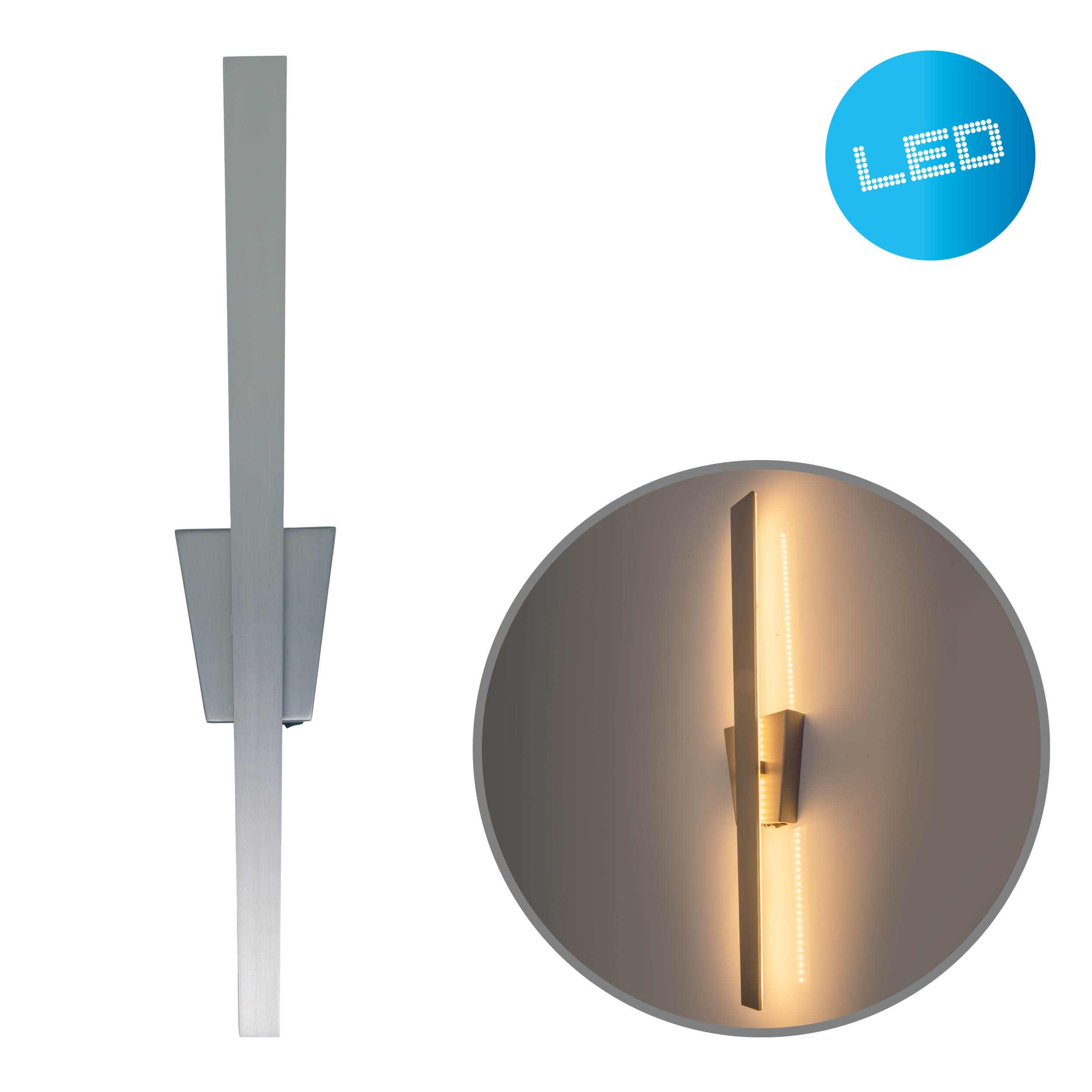 Eine silberne LED-Wandleuchte, lang und vertikal, mit einem LED-Lichtstreifen. Ein kreisförmiges LED-Schild in der Ecke.