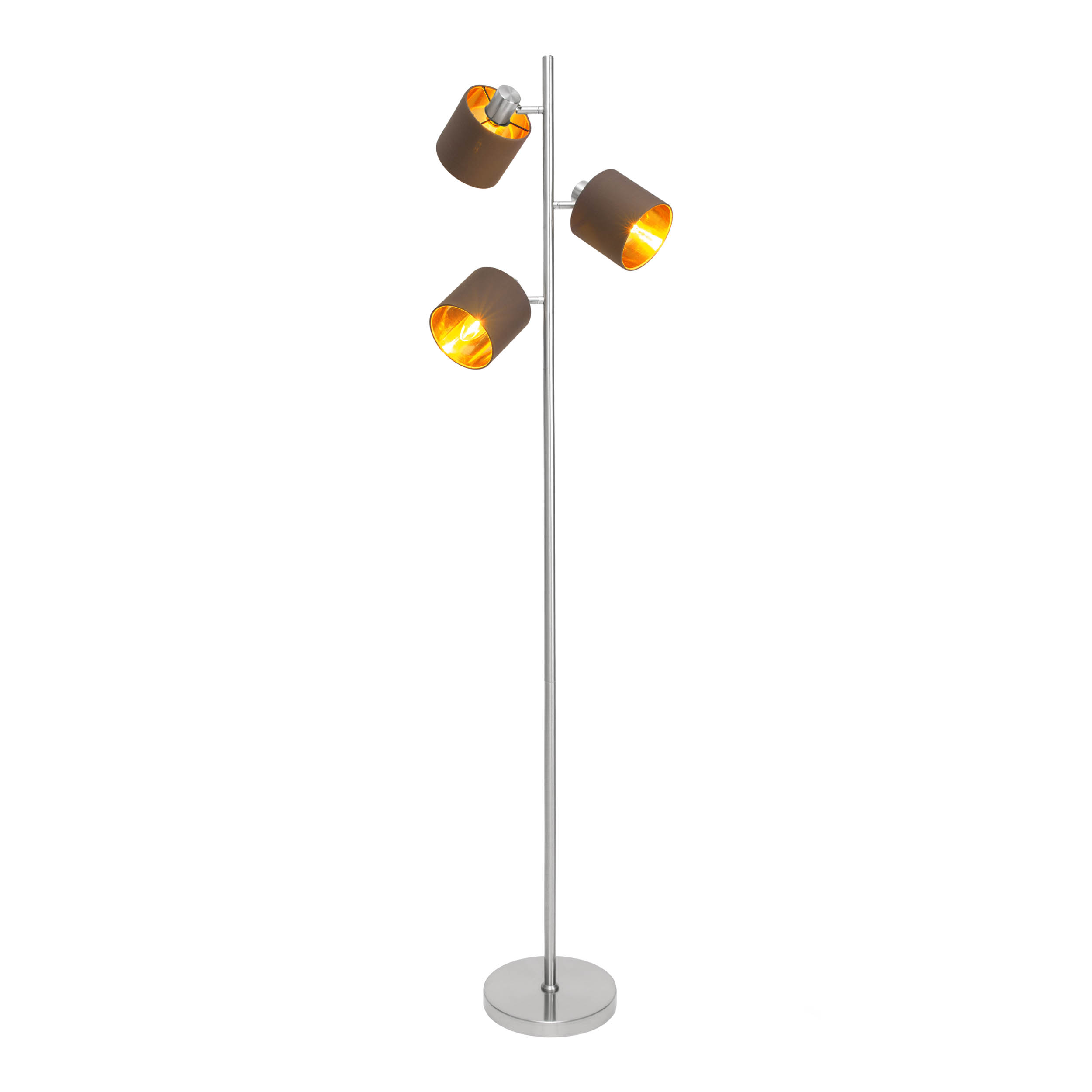 Stehlampe mit drei Lampenschirmen, braun und gold, an einer silbernen Stange. Weißer Hintergrund.