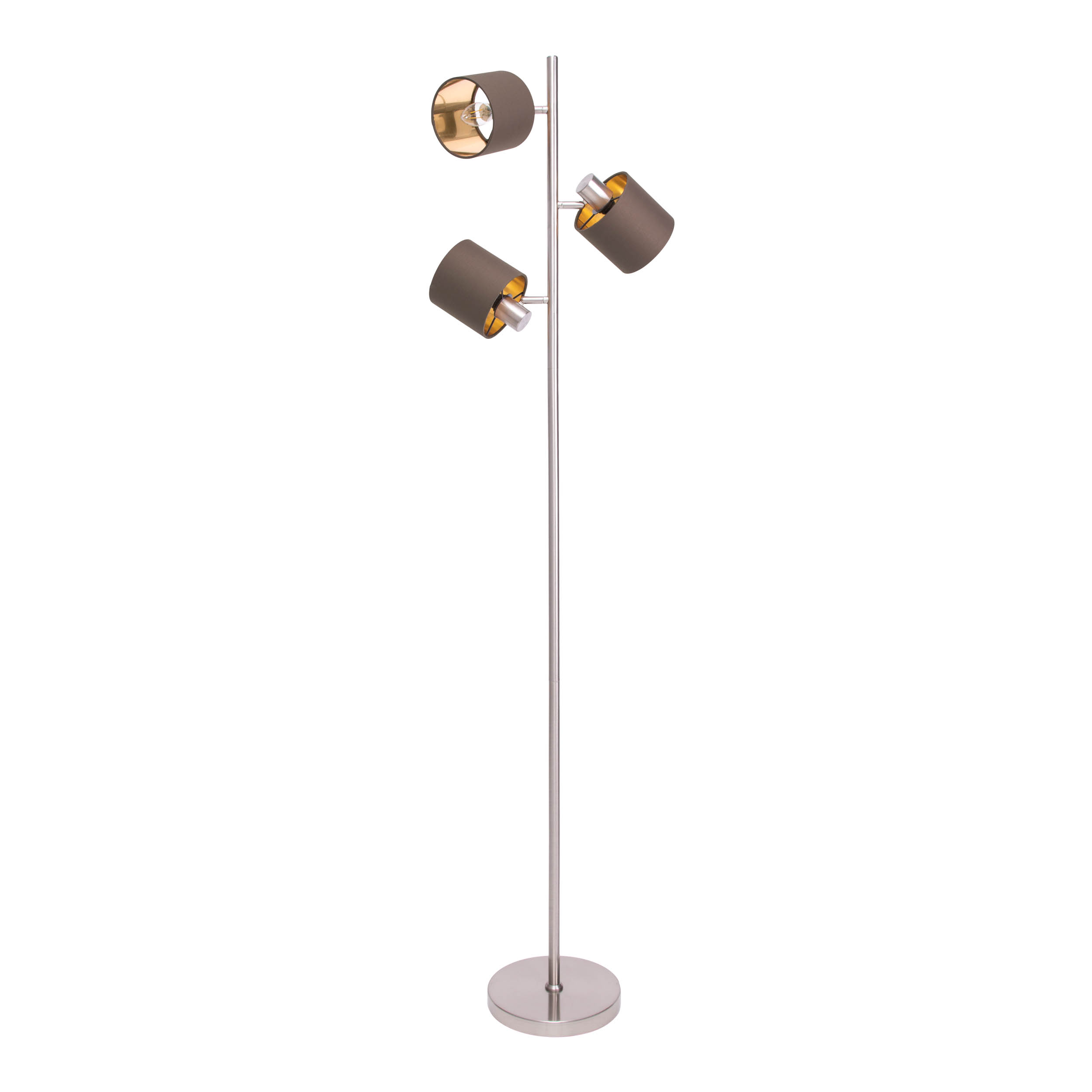 Stehlampe mit drei Lampenschirmen, braun und gold, an einer silbernen Stange. Weißer Hintergrund.