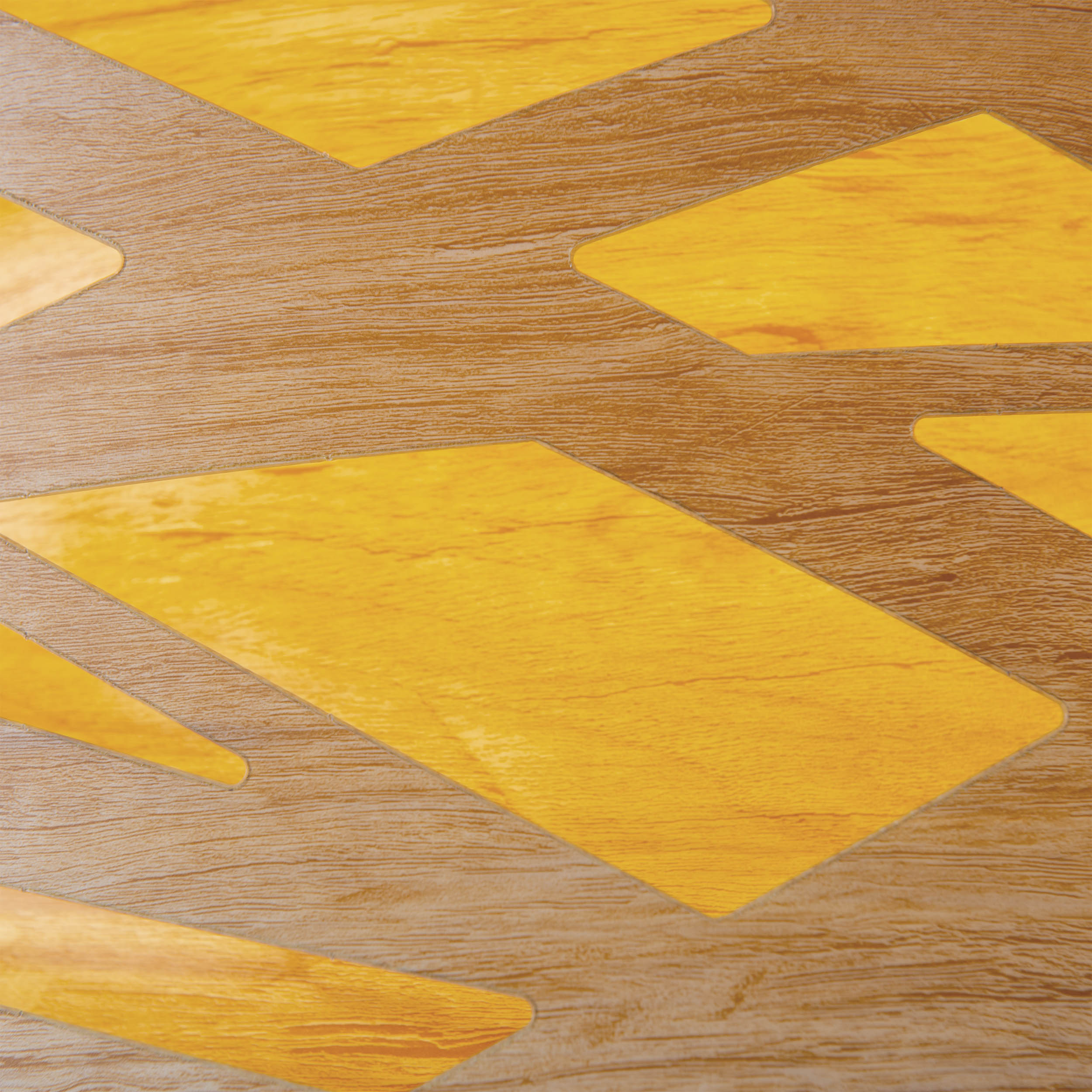 Holzstruktur mit gelben geometrischen Formen auf der Oberfläche. Brauner Hintergrund.