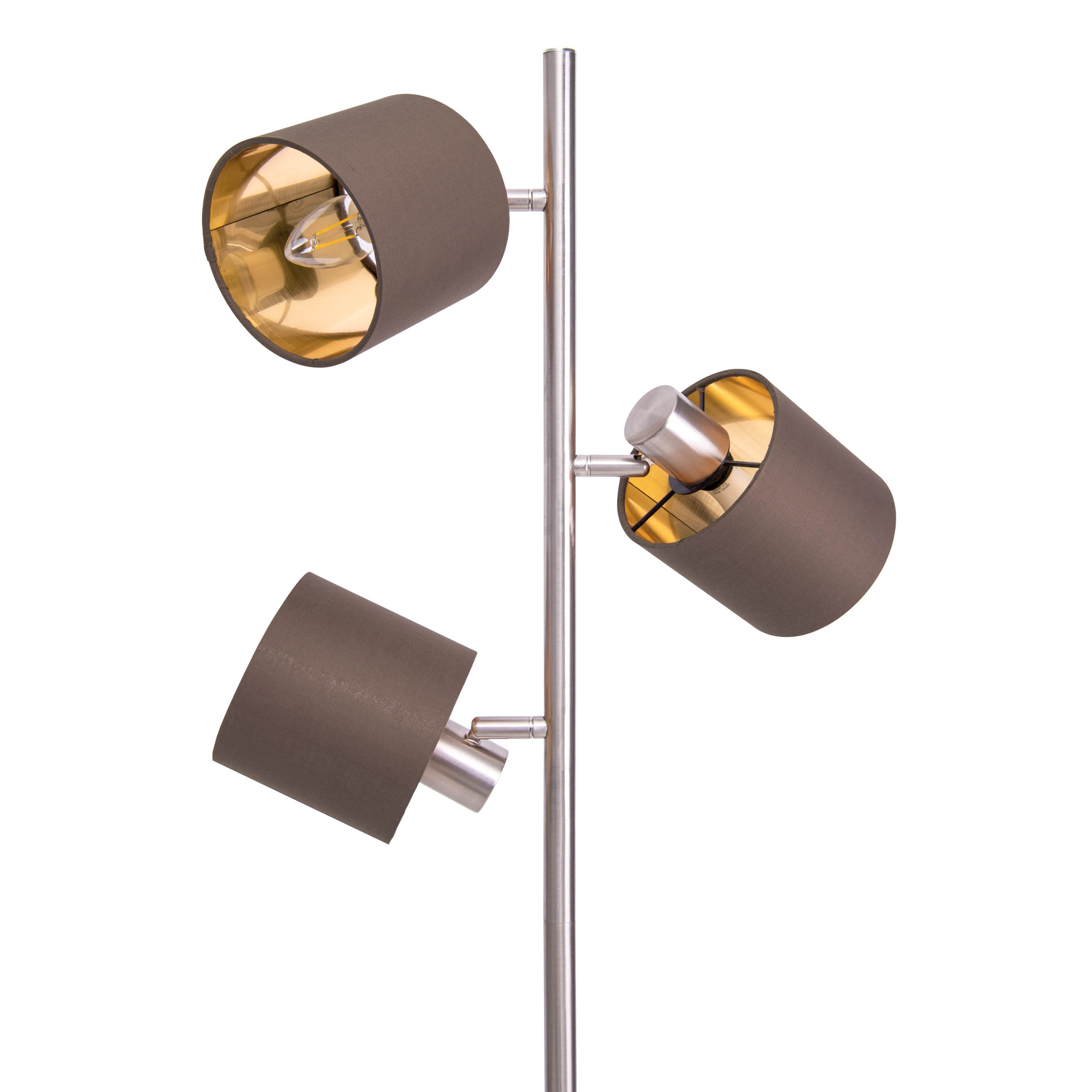 Stehlampe mit drei Lampenschirmen, braun und gold, an einer silbernen Stange. Weißer Hintergrund.