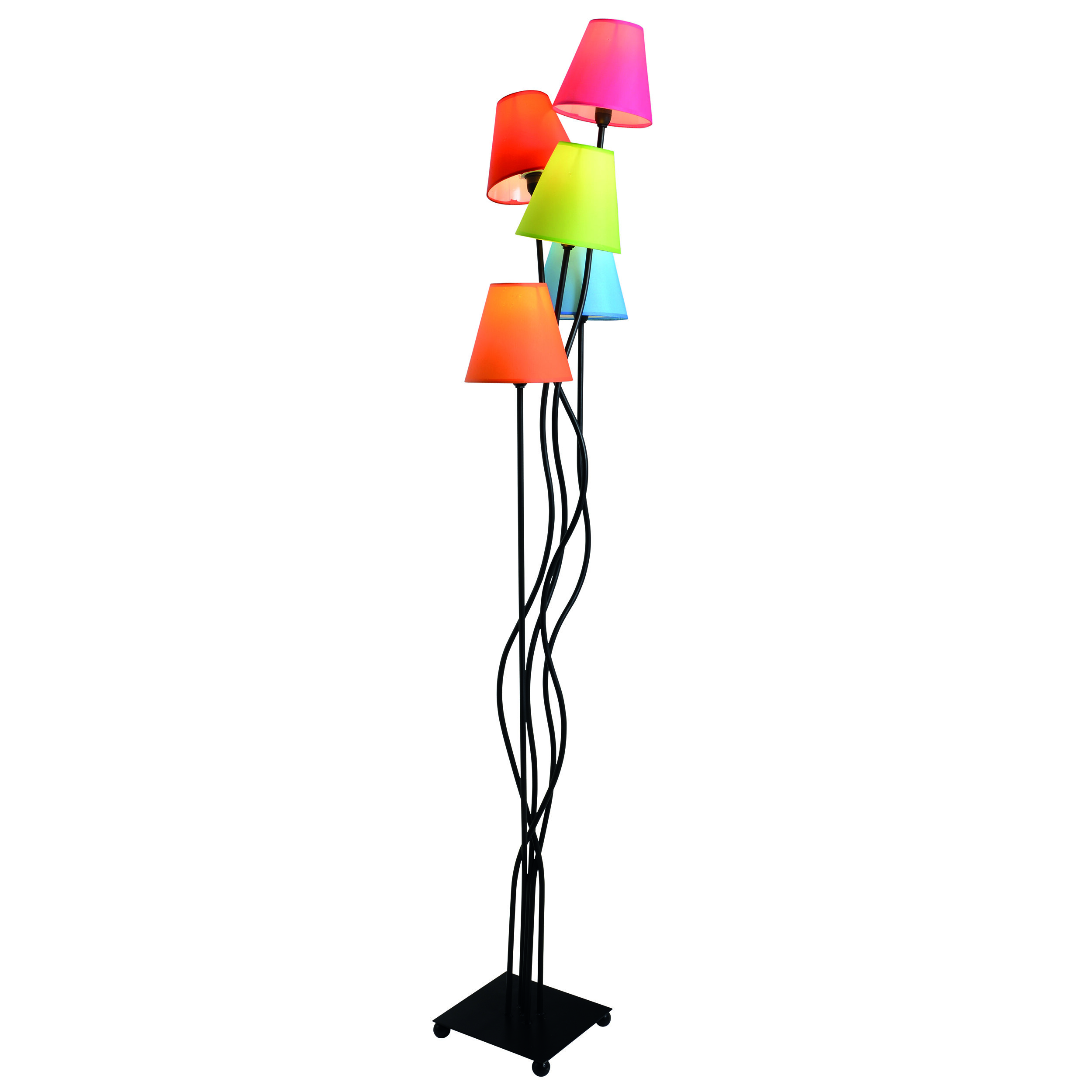 Stehlampe mit schwarzem Schaft und fünf Lampenschirmen in Orange, Pink, Grün, Blau.