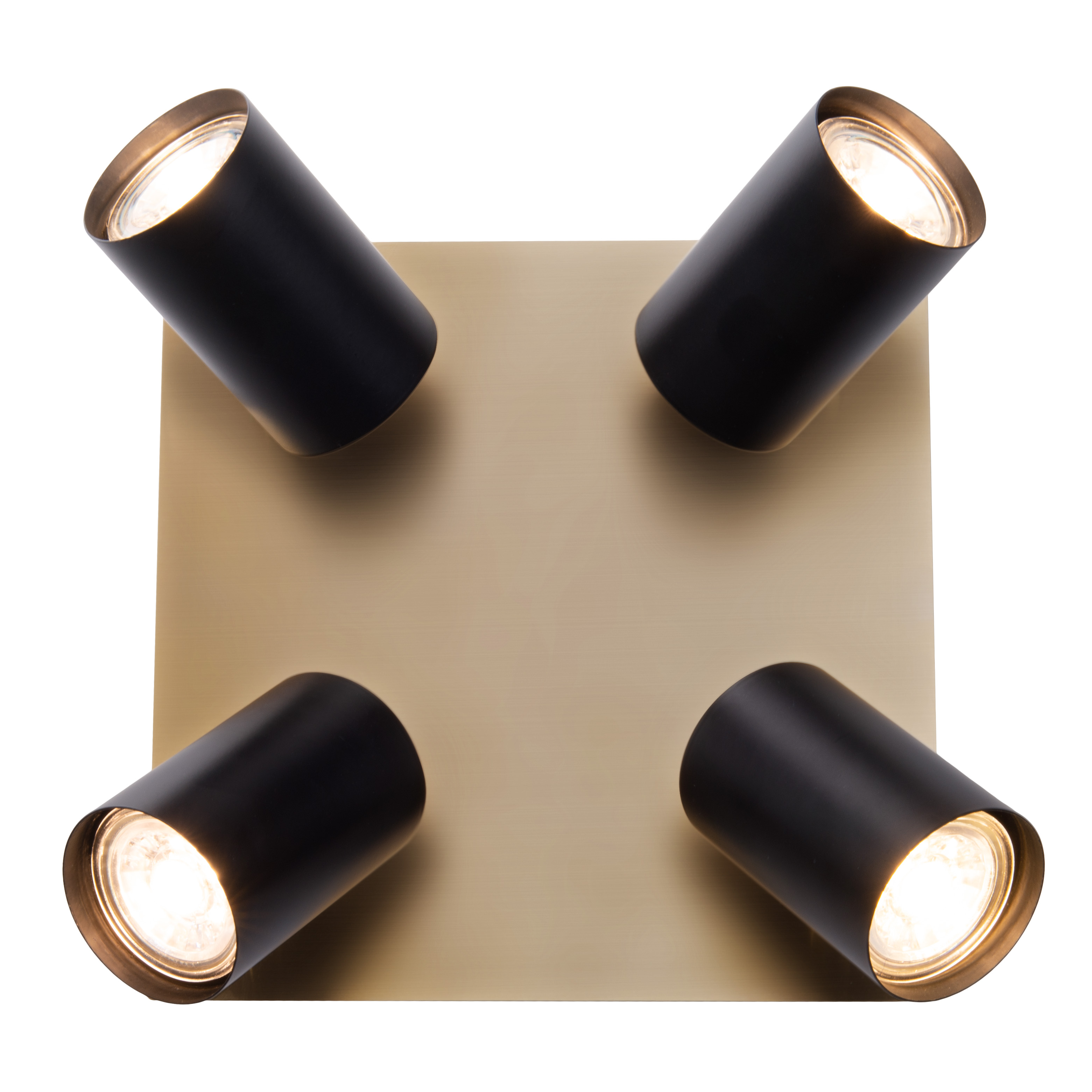 Eine quadratische, goldfarbene Deckenleuchte mit vier schwarzen Spots.