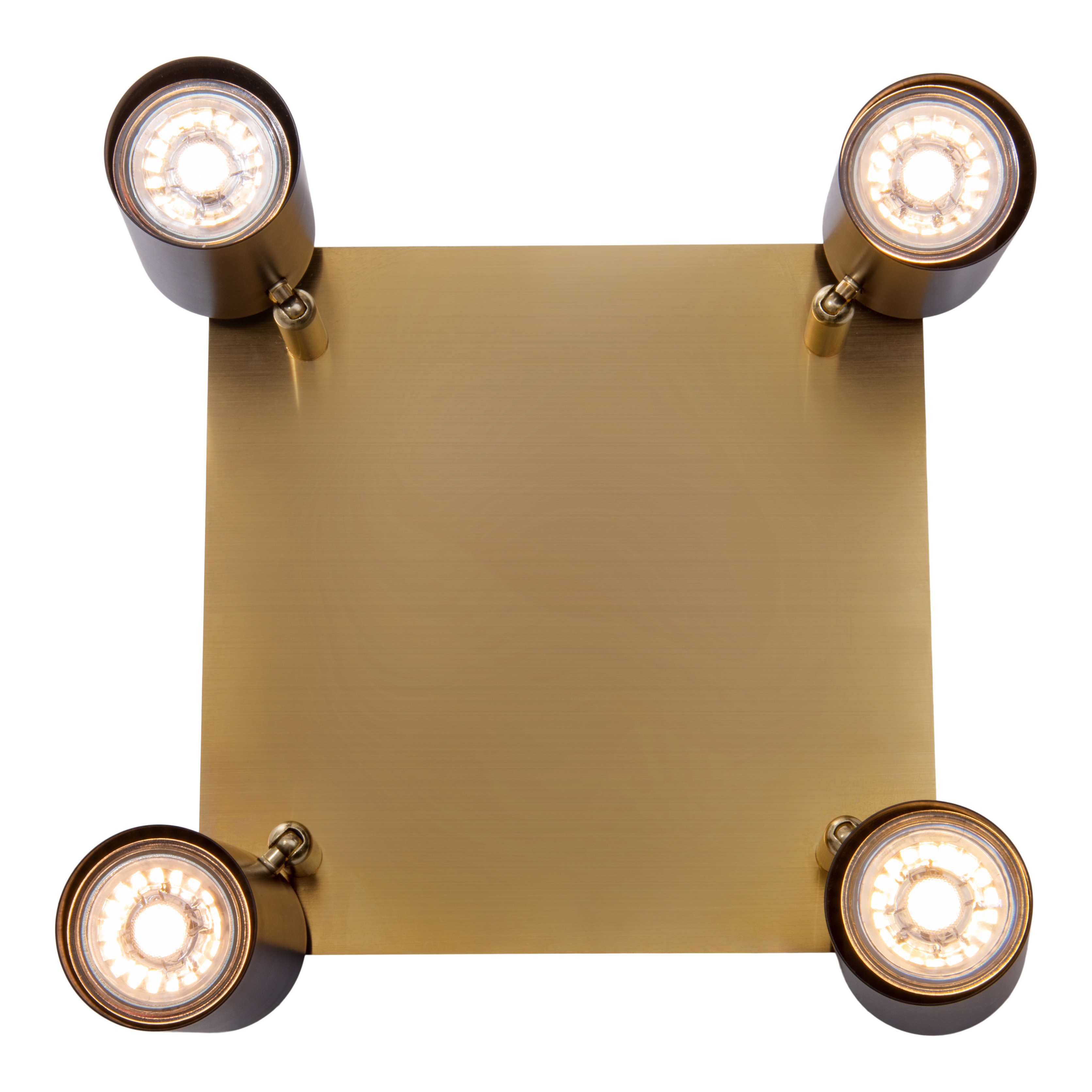 Eine quadratische, goldfarbene Deckenleuchte mit vier schwarzen Spots.