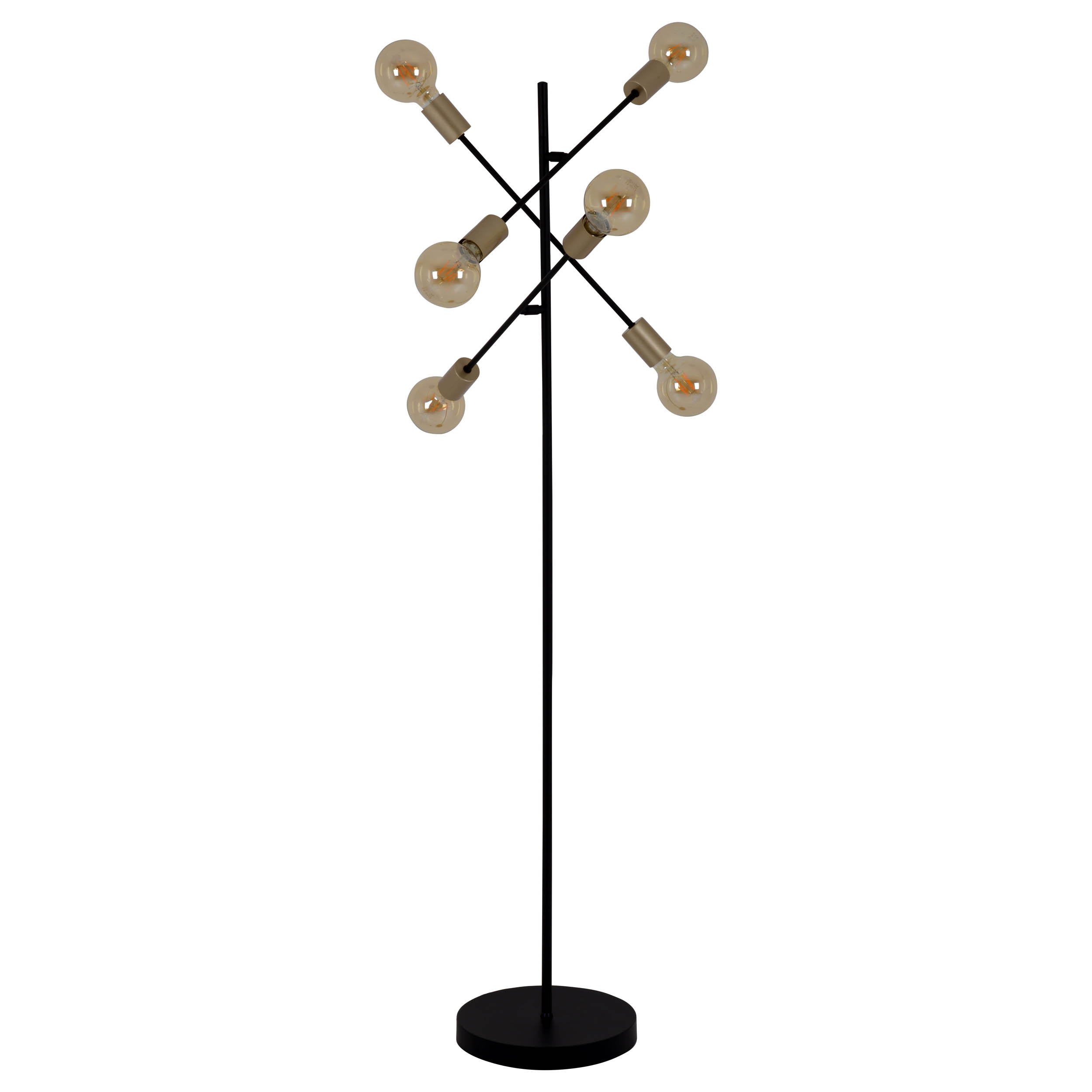 Eine schwarze Stehlampe mit schwarzem Fuß und sechs freiliegenden Glühbirnen.
