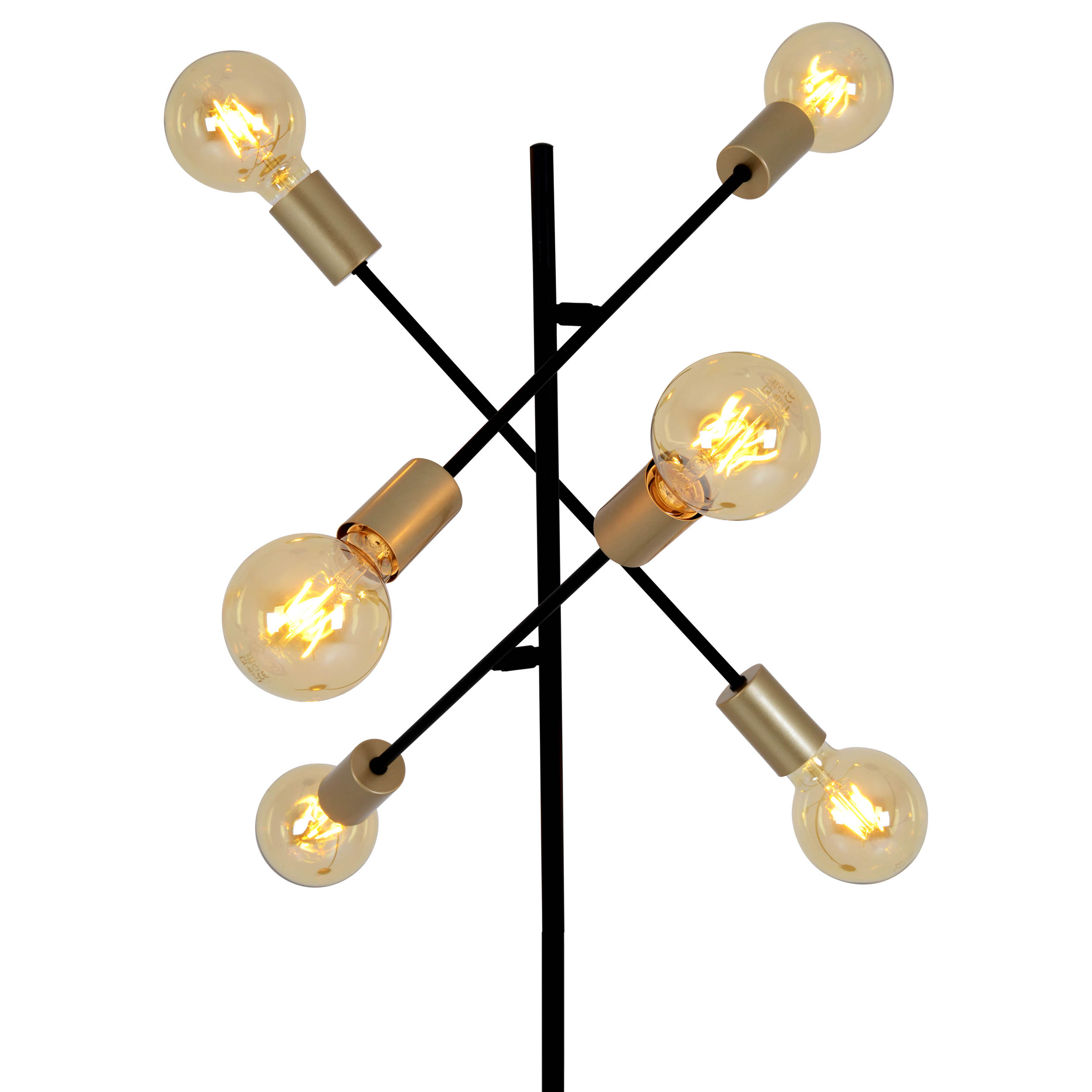 Eine schwarze Stehlampe mit schwarzem Fuß und sechs freiliegenden Glühbirnen.