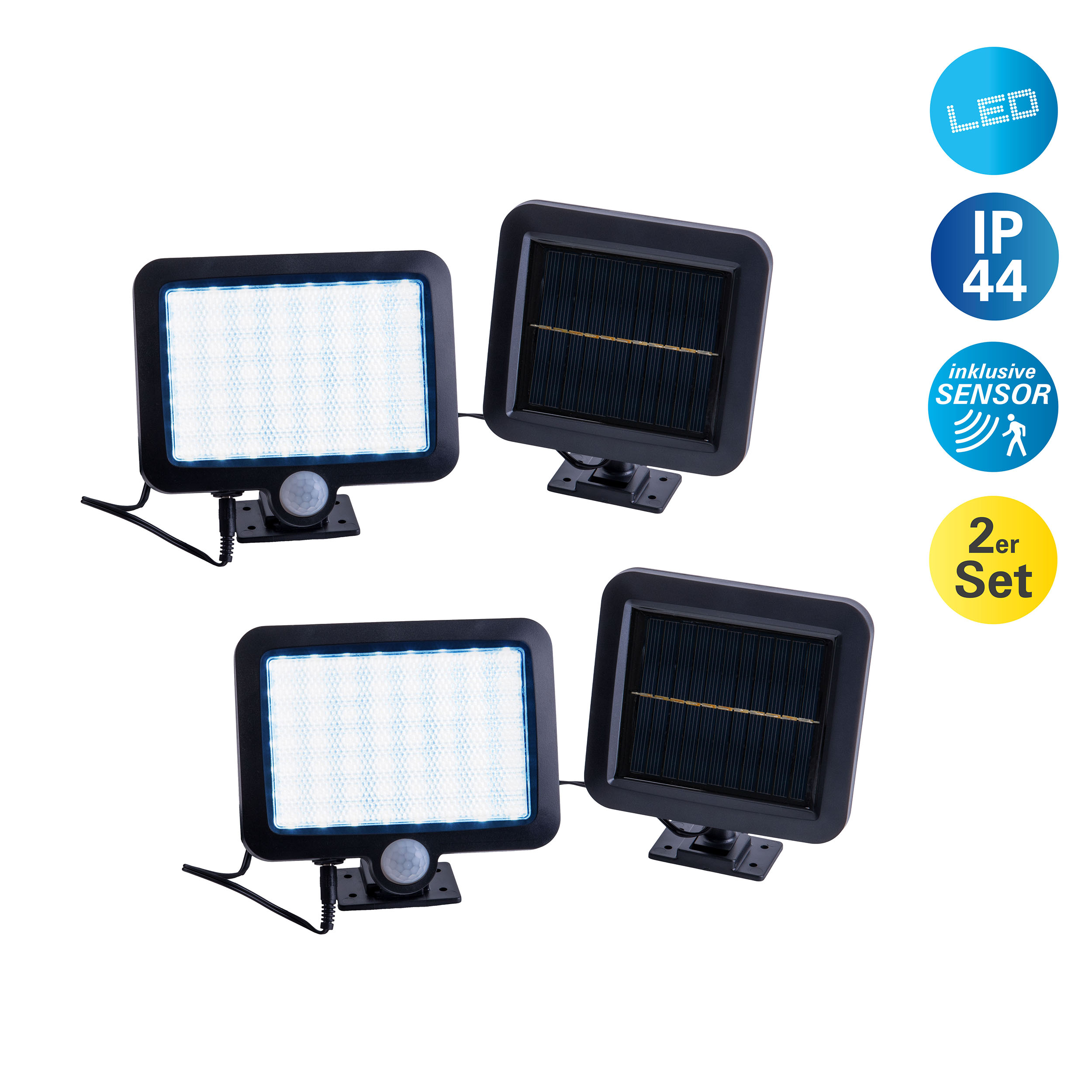 Vier solarbetriebene Sicherheitsleuchten mit Bewegungsmeldern und Solarpanelen.