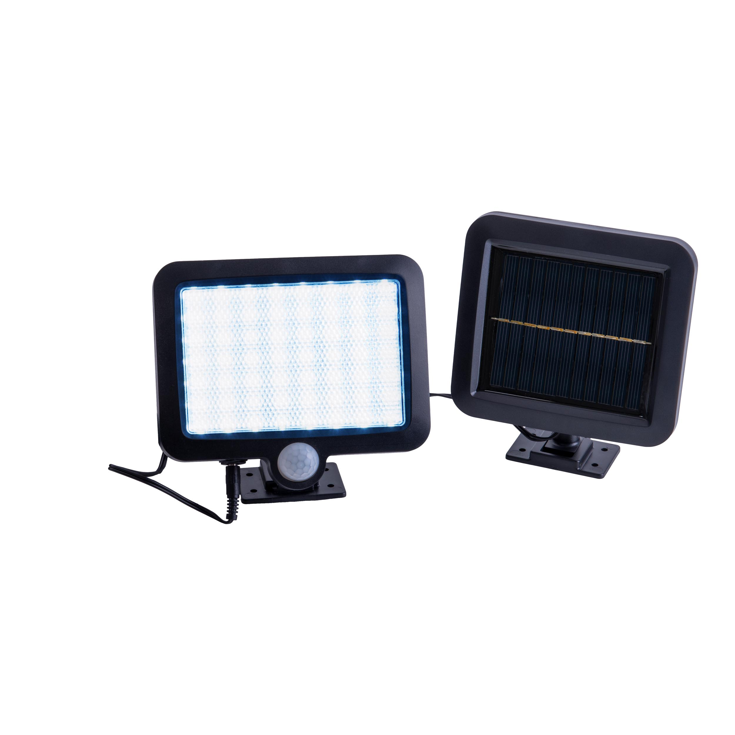 Solarbetriebene Sicherheitsleuchte mit Bewegungsmelder und separatem Solarpanel.