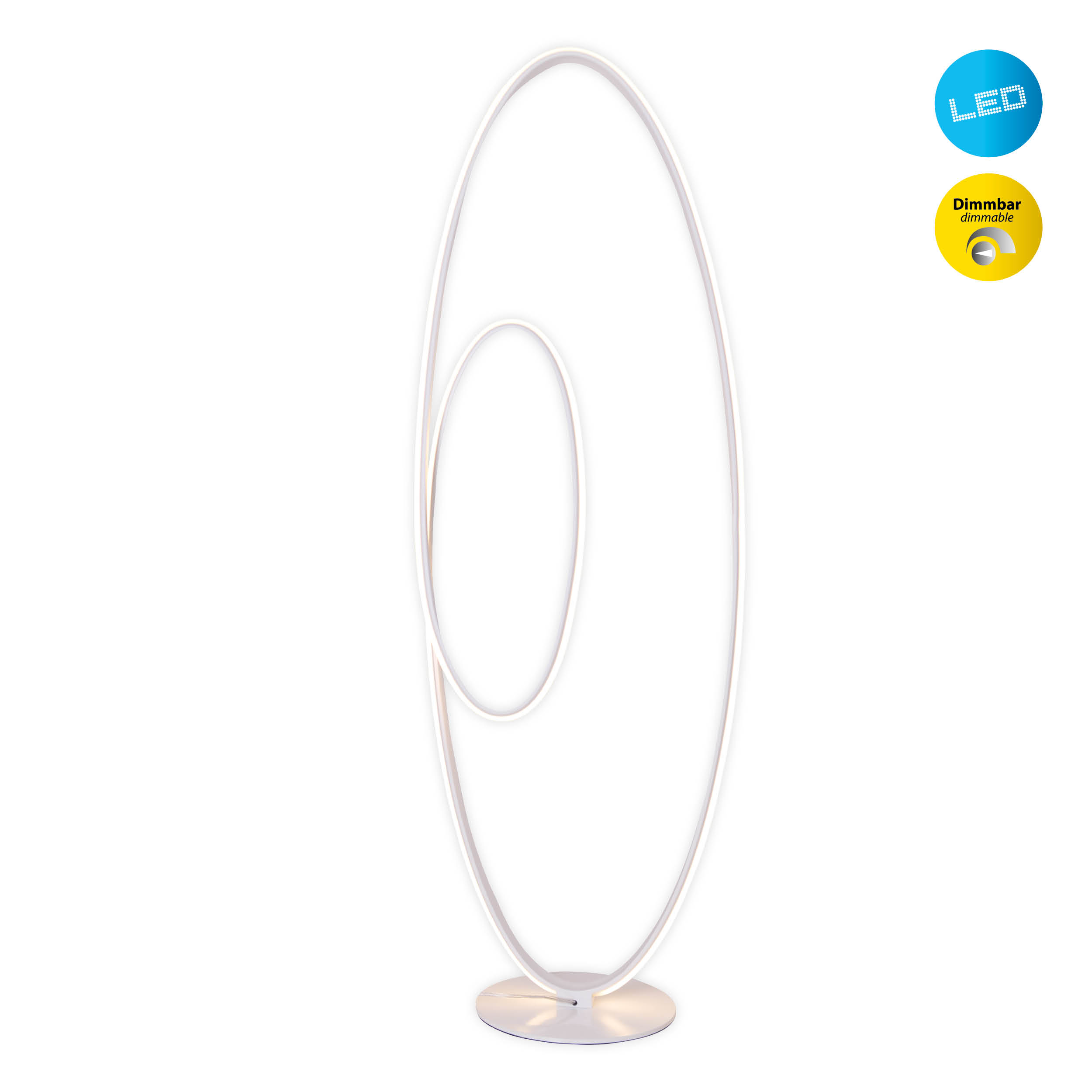 Eine moderne Stehlampe mit weißem, geschwungenem Design und weißem Sockel, mit LED-Funktionen.