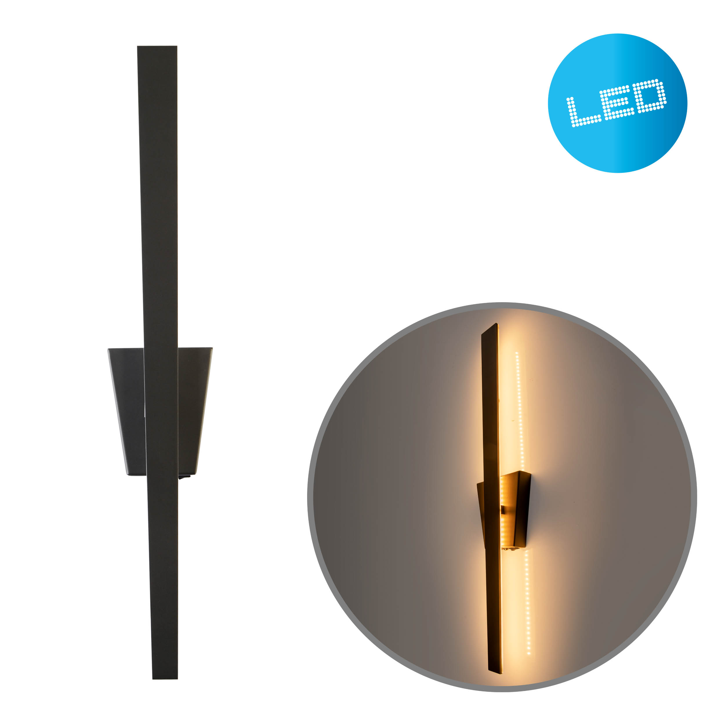Eine schwarze Wandleuchte mit langem, vertikalem Design, mit Lichtstreifen und dekorativem, geometrischen Sockel.