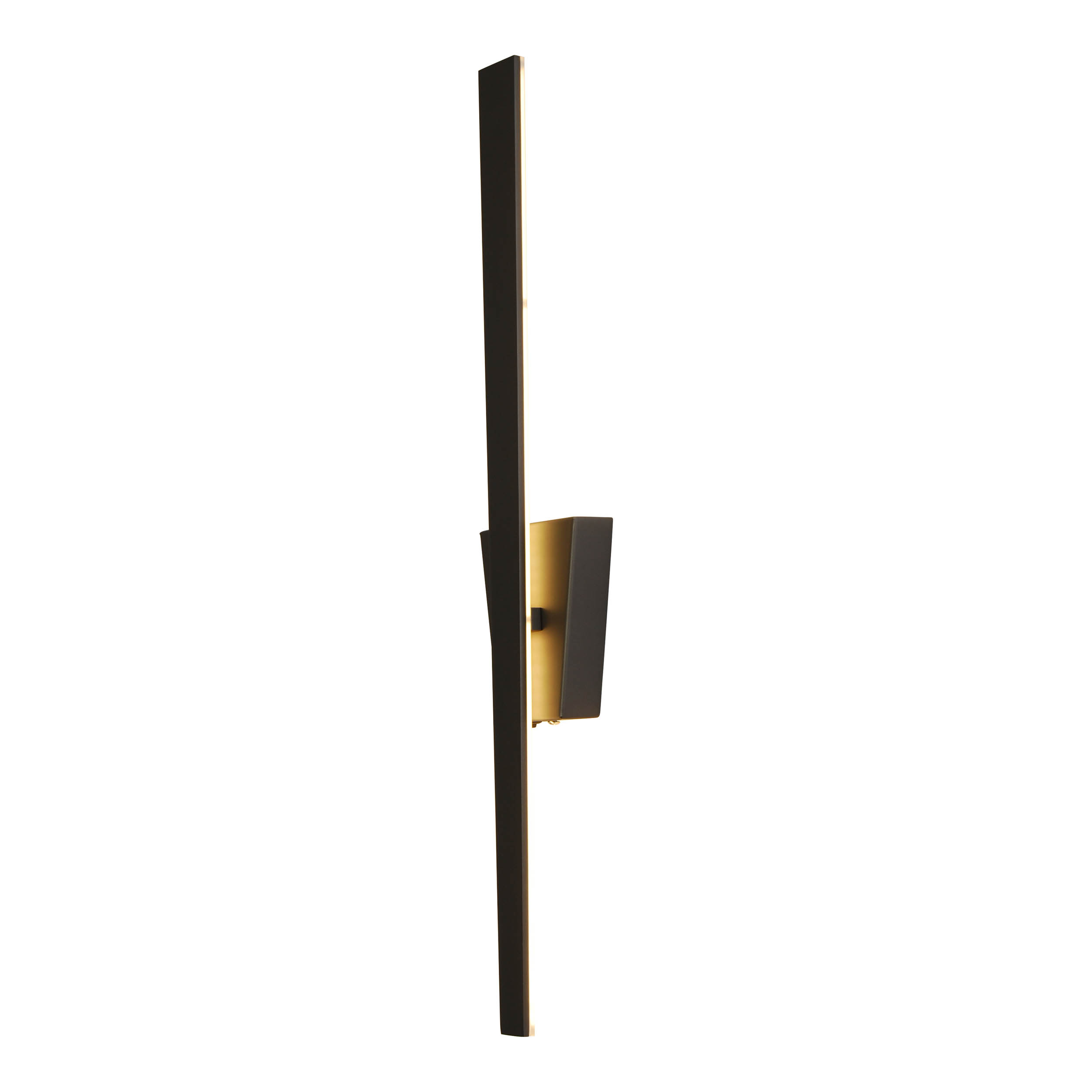Eine schwarze, minimalistische Wandleuchte mit einem langen, dünnen Rahmen und einer kleinen, geometrischen Leuchte.
