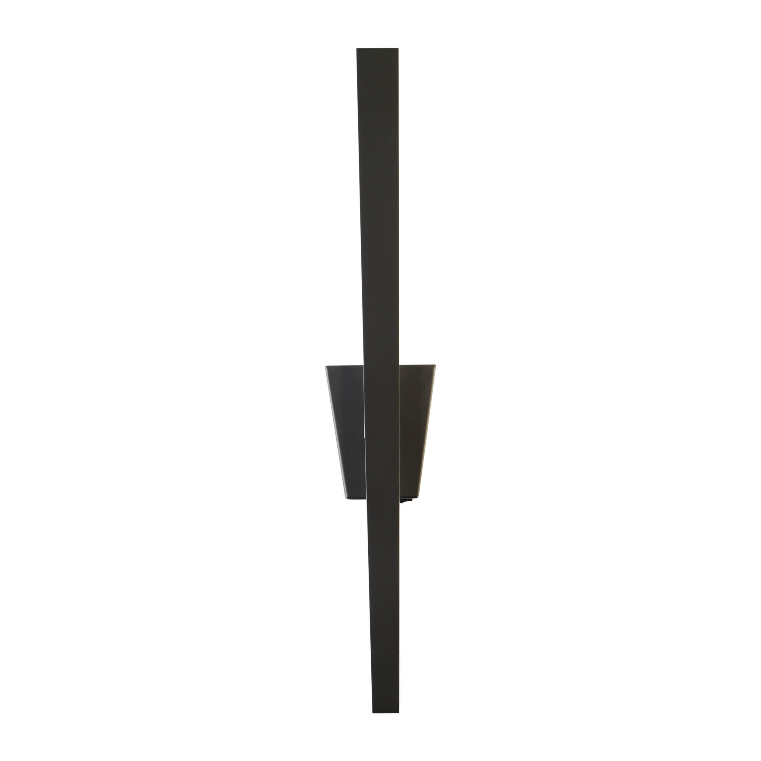 Eine schwarze, minimalistische Wandleuchte mit einem langen, dünnen Rahmen und einer kleinen, geometrischen Leuchte.