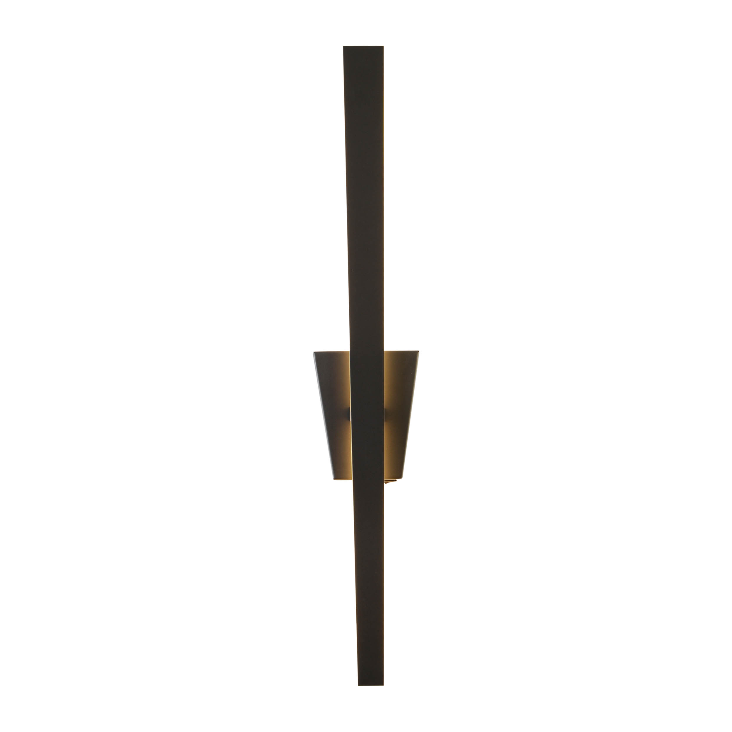 Eine schwarze, minimalistische Wandleuchte mit einem langen, dünnen Rahmen und einer kleinen, geometrischen Leuchte.