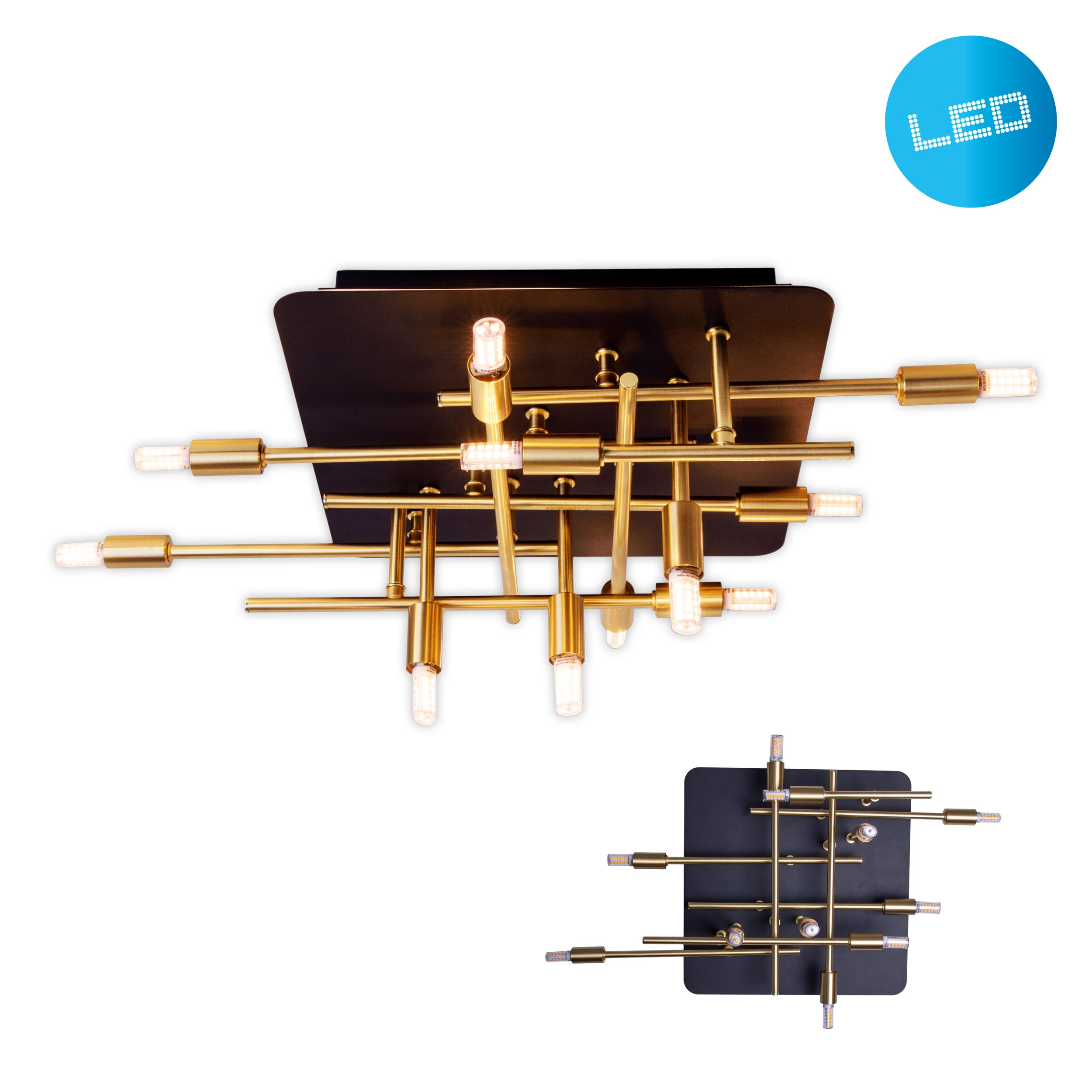 Gold- und schwarze Deckenlampe mit mehreren Glühbirnen. Die Lampe ist auf einem schwarzen quadratischen Sockel montiert.
