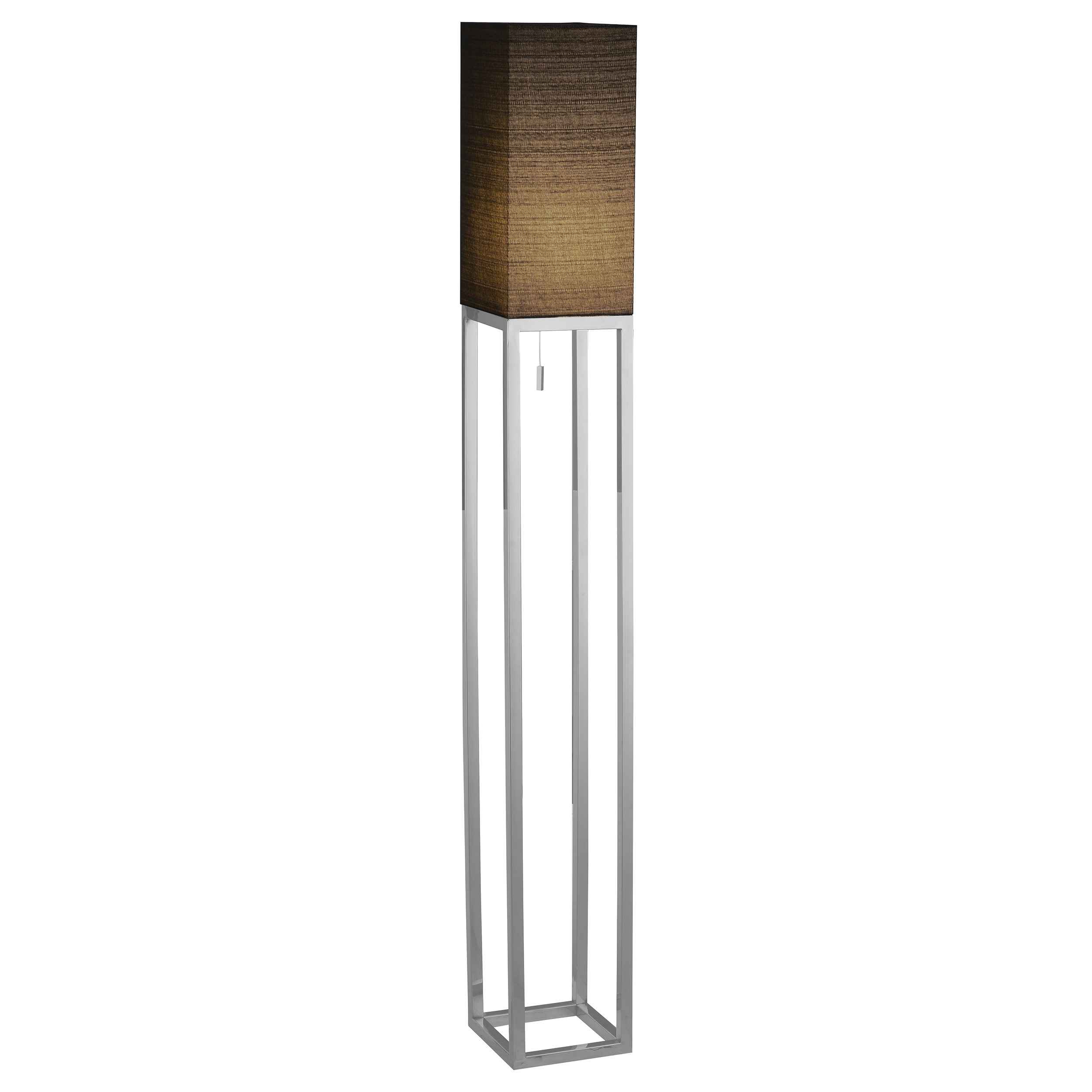 Eine hohe Stehlampe mit einem schwarzen, rechteckigen Schirm auf einem verchromten, quadratischen Rahmen.
