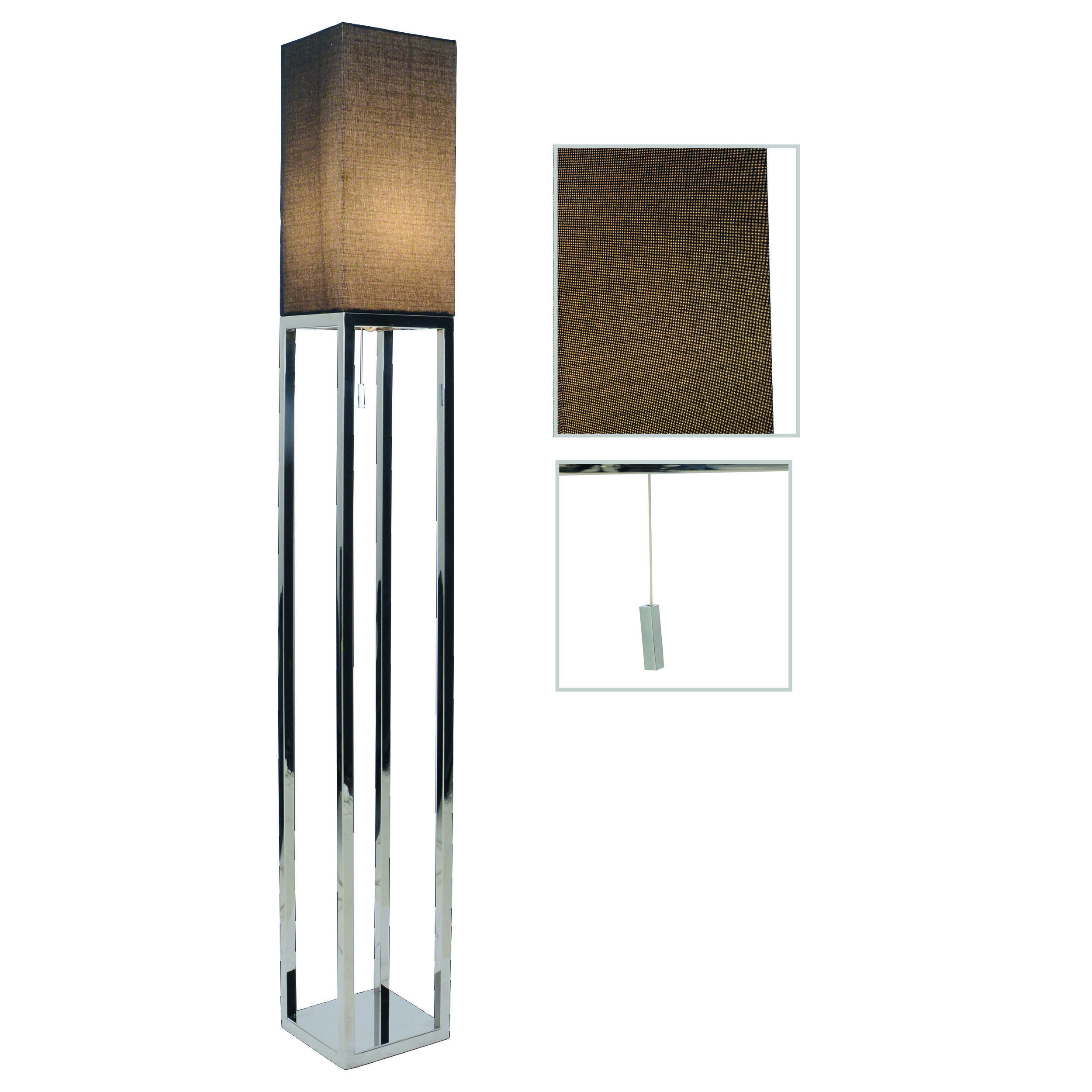 Eine hohe Stehlampe mit silbernem Rahmen und einem rechteckigen, dunkelbraunen Stoffschirm. Details des Schirms sind Einsätze.