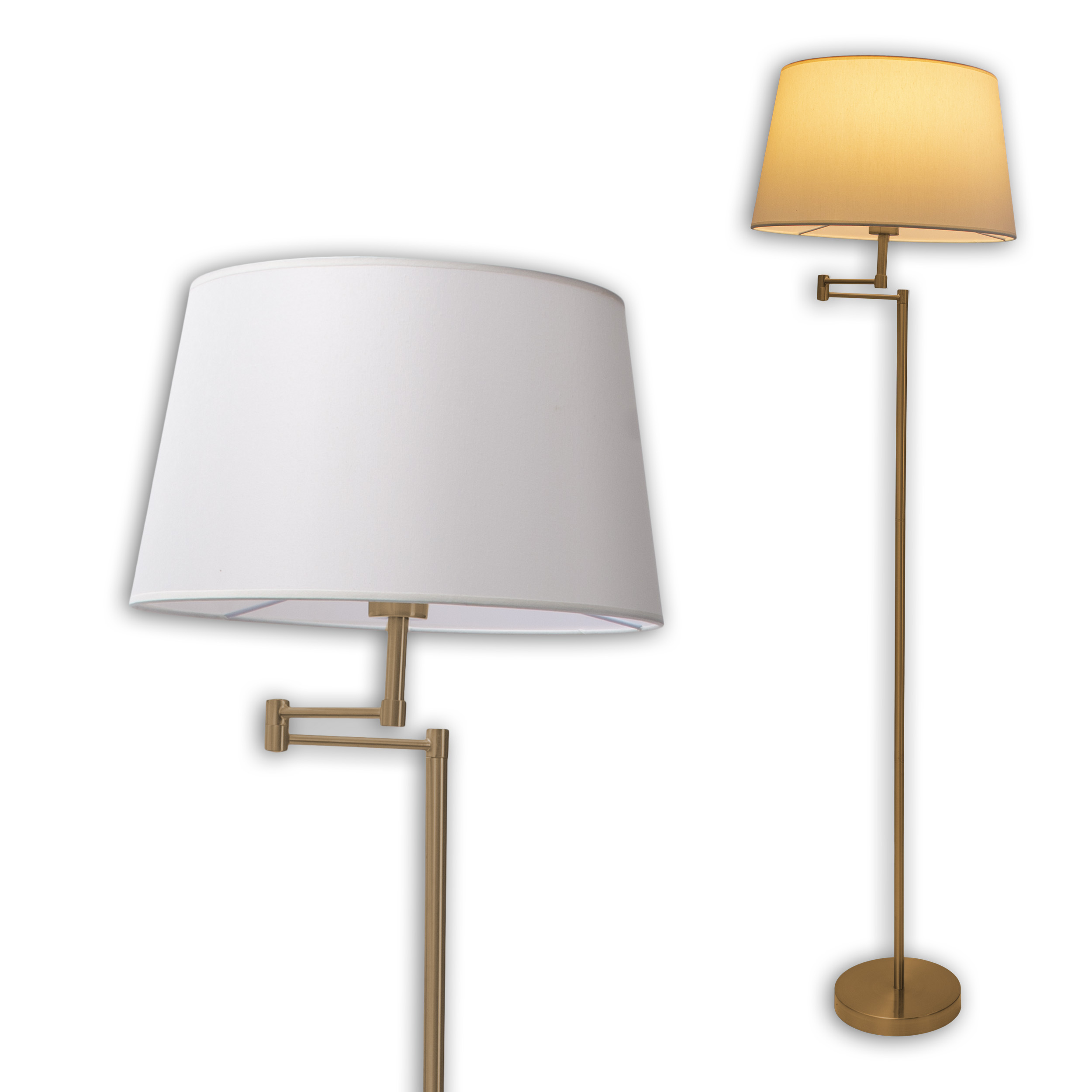 Zwei Stehlampen mit weißen Schirmen. Eine mit verstellbarem Arm, die andere aufrecht stehend.