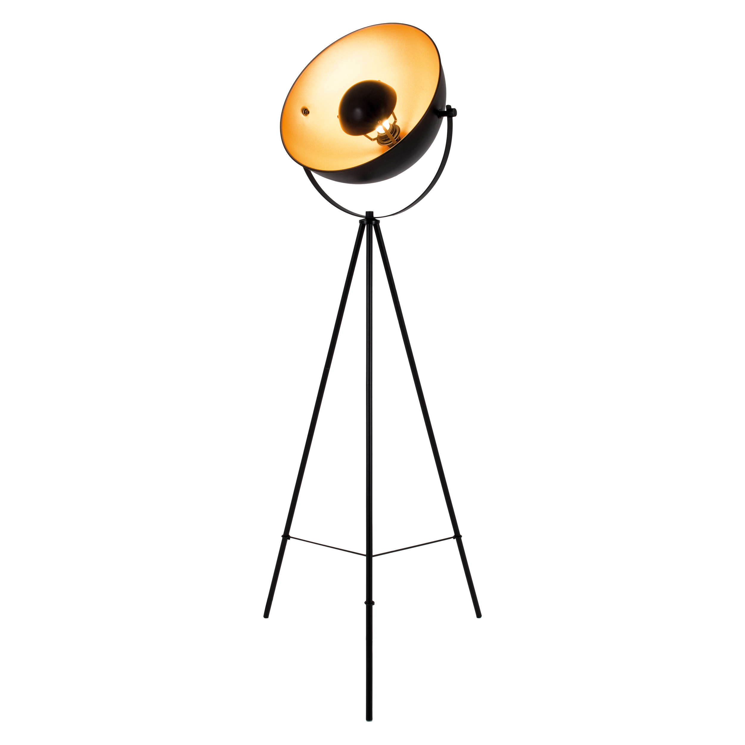 Eine schwarze Stativ-Stehlampe mit großem, rundem, schwarzem Schirm und goldenem Reflektor innen.