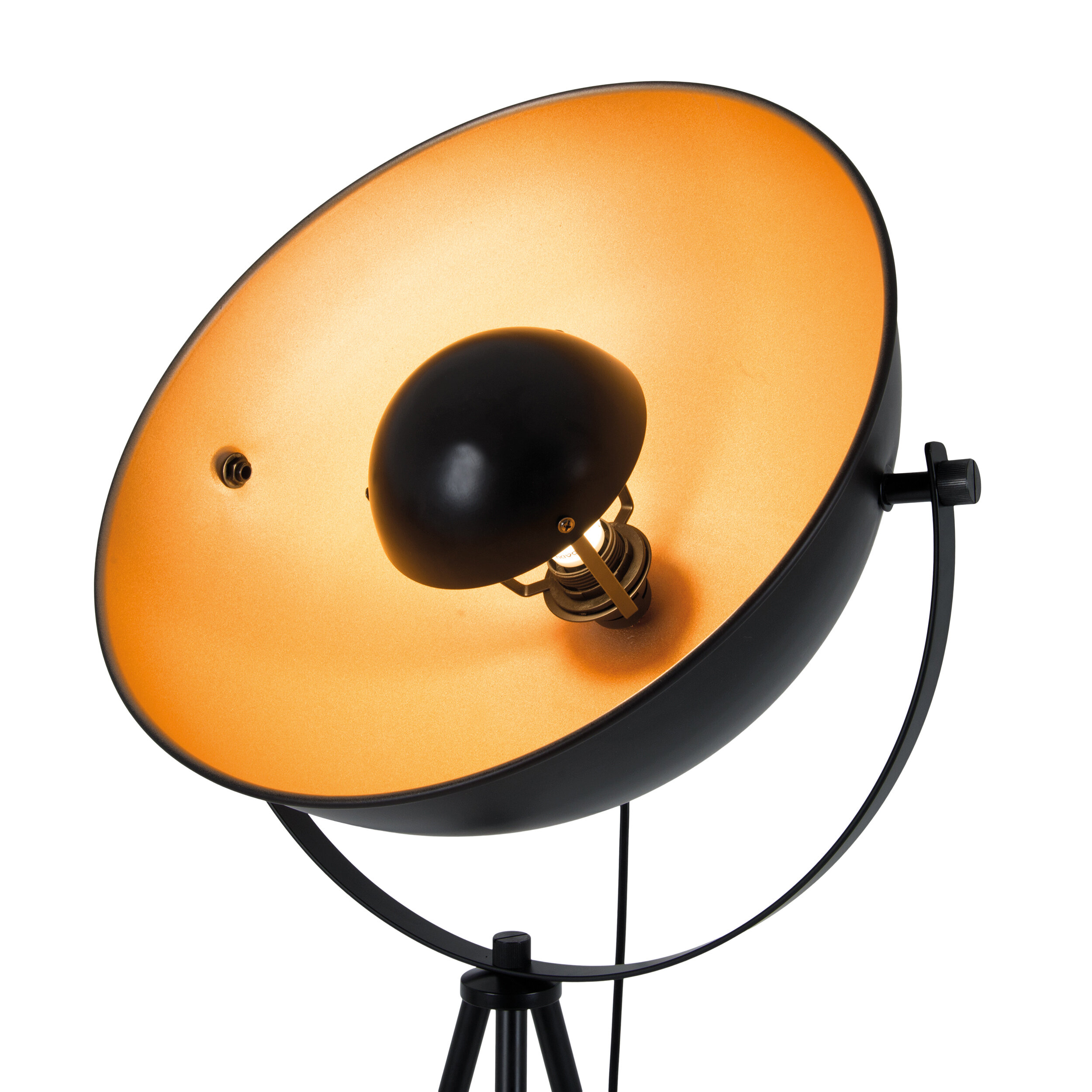 Schwarze Stehlampe mit goldenem Innenschirm und schwarzem Stativfuß. Die Glühbirne ist im Schirm sichtbar.