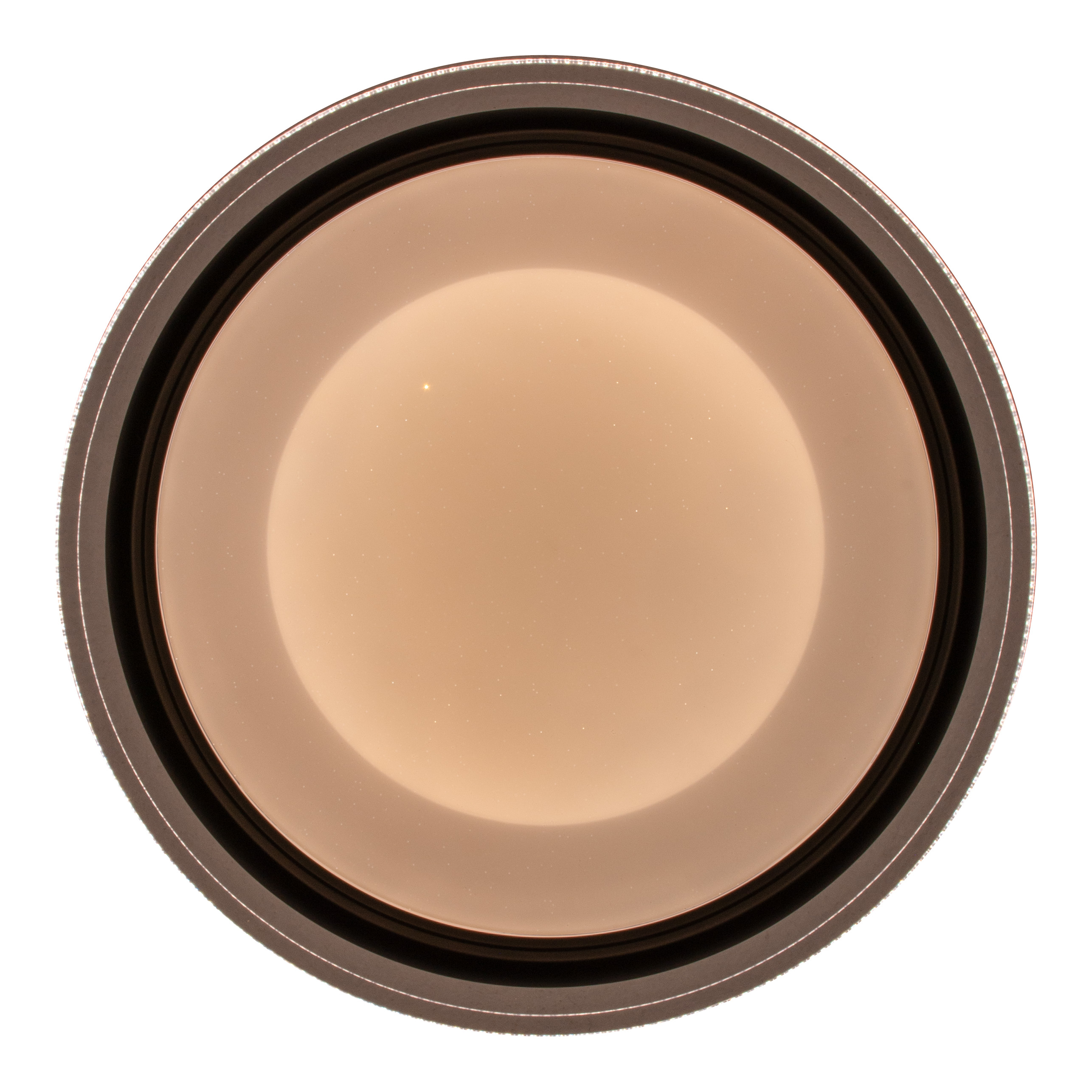 Nahaufnahme eines runden Lichtfilters mit braunem Farbton, vor weißem Hintergrund.