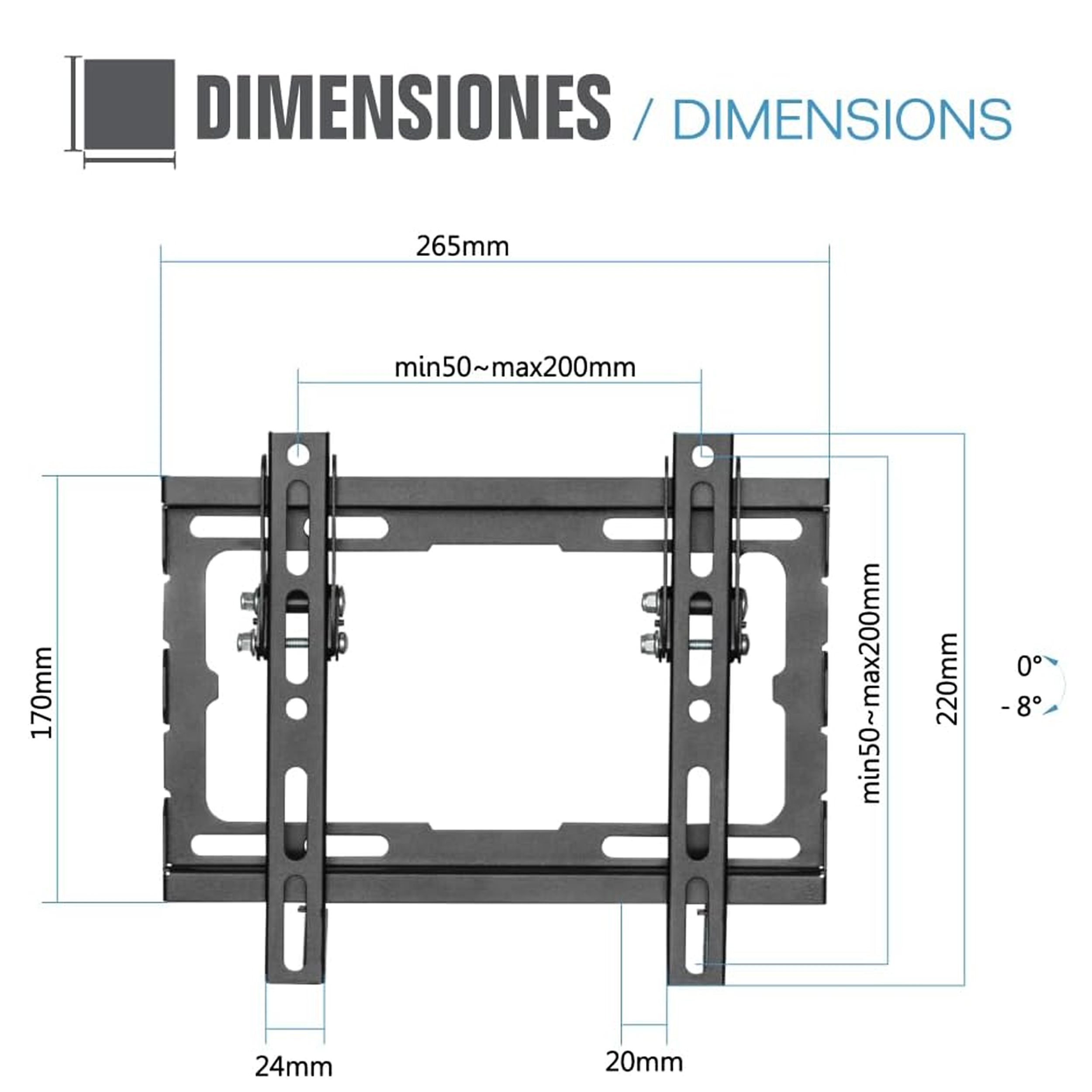 Un diagrama que muestra las dimensiones de un soporte de pared para TV negro, con medidas en milímetros.