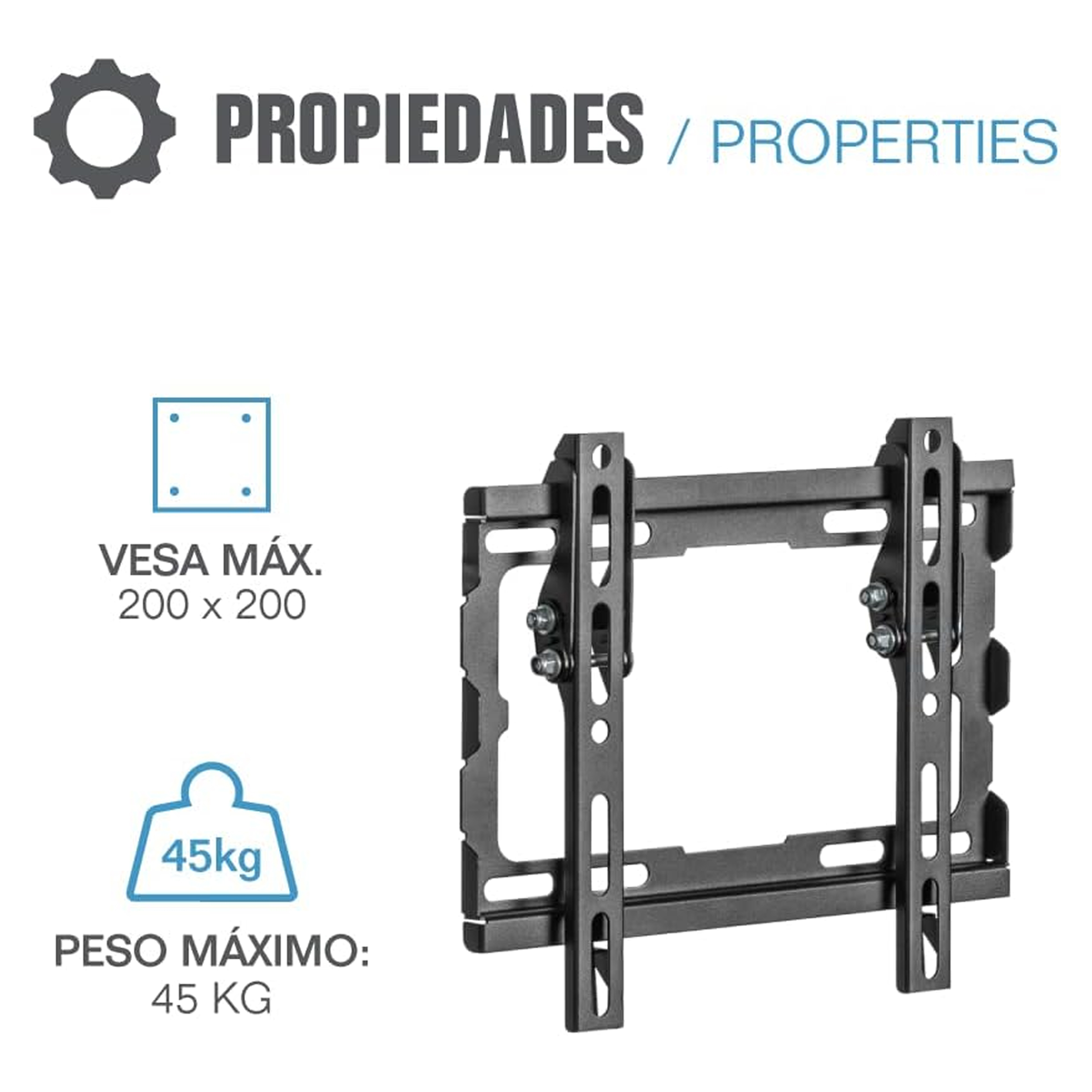 Un soporte de pared para TV negro con dimensiones y detalles de peso. El texto dice propiedades y tiene iconos.