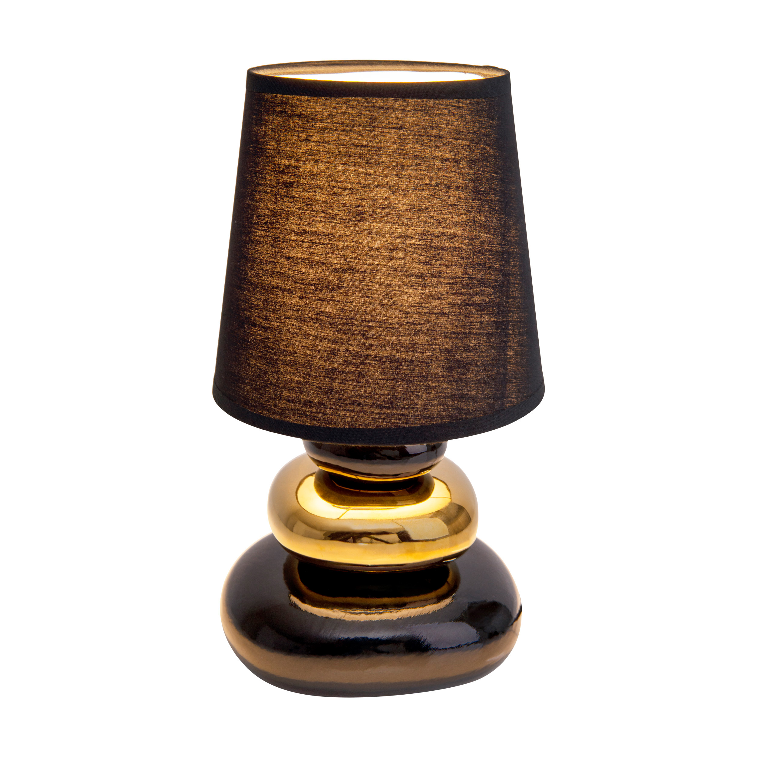 Schwarze und goldene Tischlampe mit schwarzem Lampenschirm. Der Sockel hat eine glänzende schwarze Oberfläche.