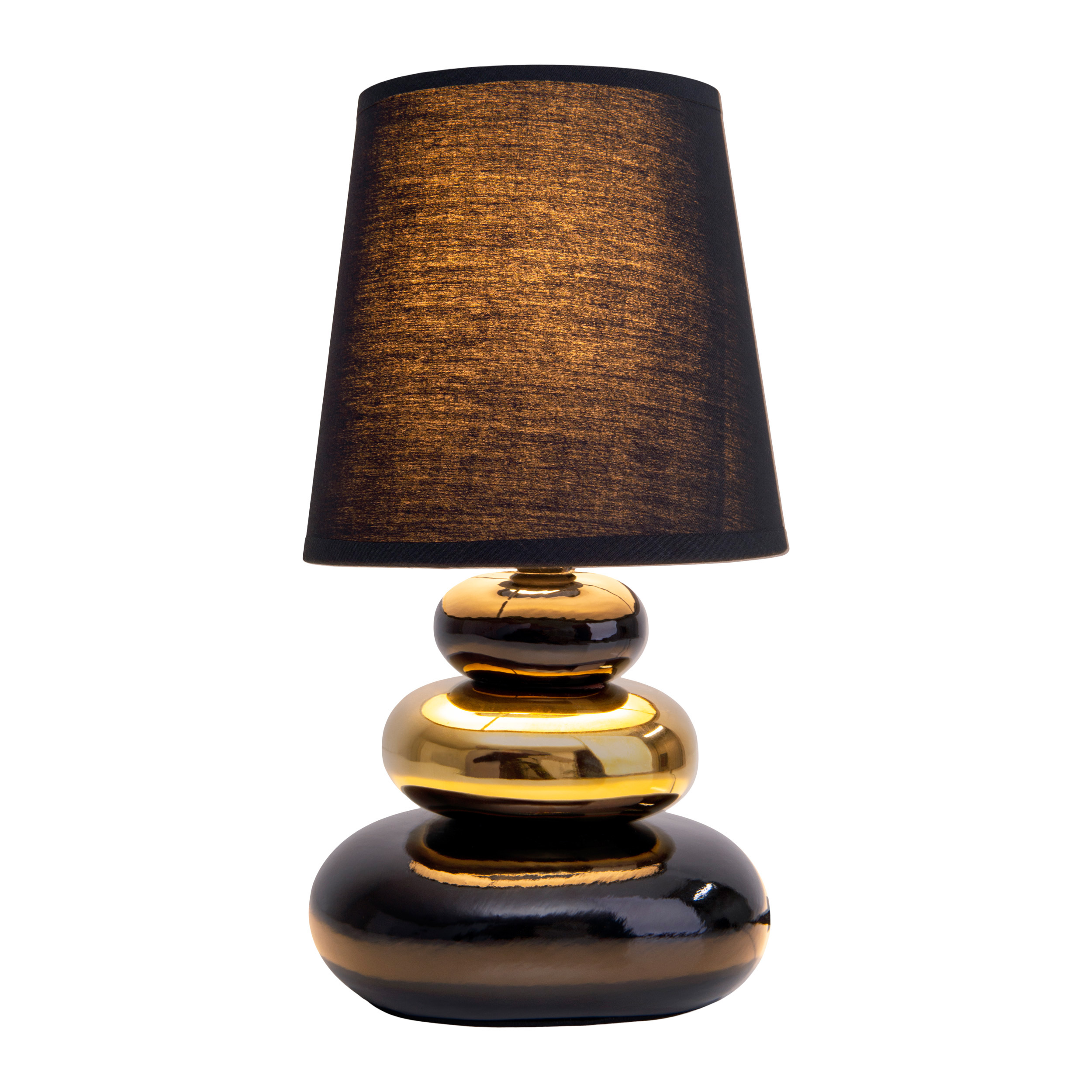 Schwarze und goldene Tischlampe mit schwarzem Lampenschirm. Der Sockel hat eine glänzende schwarze Oberfläche.