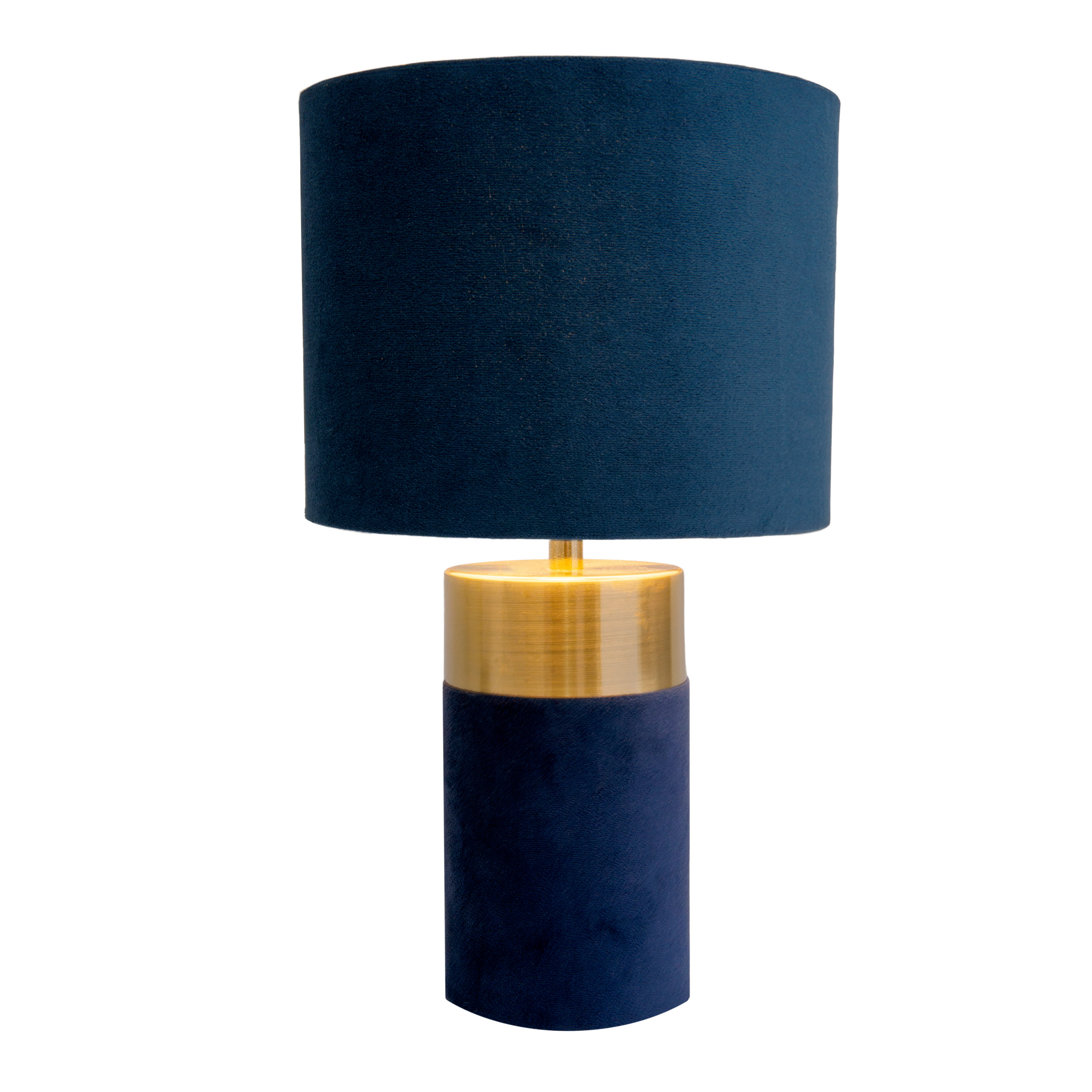 Blaue Samt-Tischlampe mit goldenen Zierleisten und blauem Lampenschirm. Weißer Hintergrund.