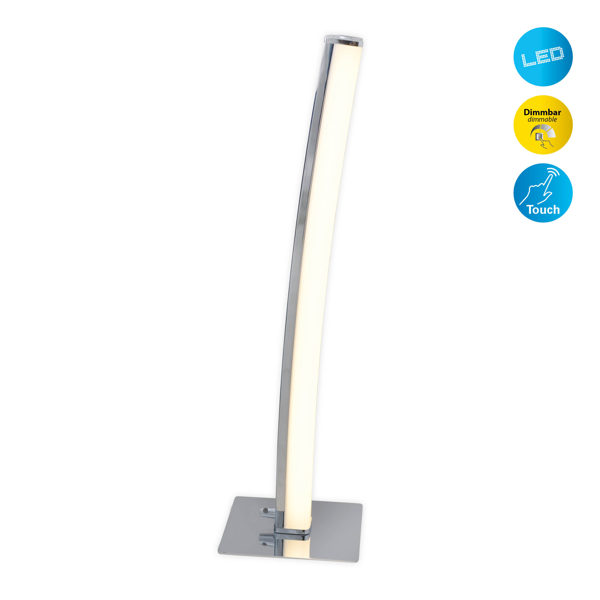Hohe, moderne Chromlampe mit hellem, weißem Licht. Rechts befinden sich drei Symbole.