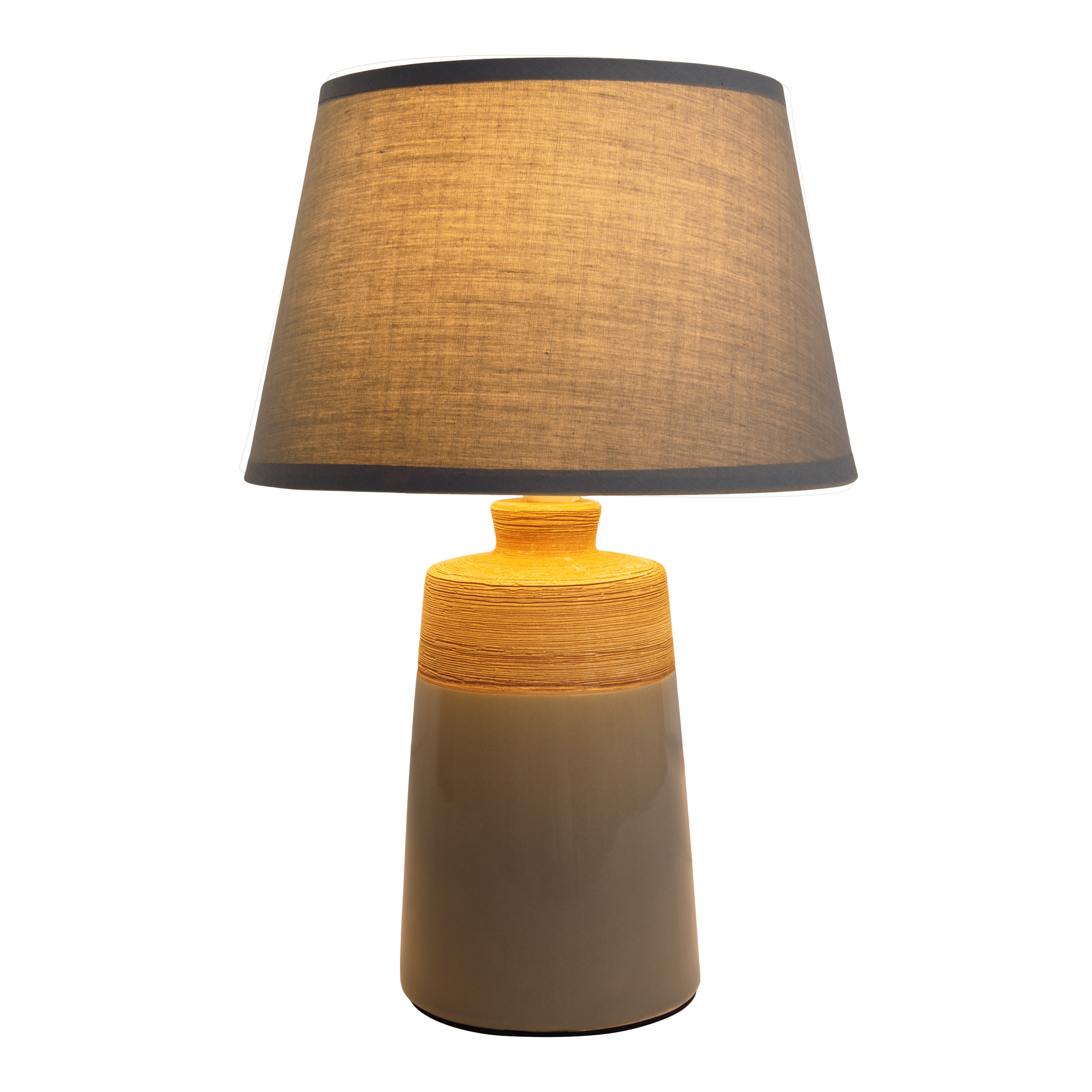 Tischlampe mit grauem Keramiksockel und grauem Lampenschirm. Weißer Hintergrund.