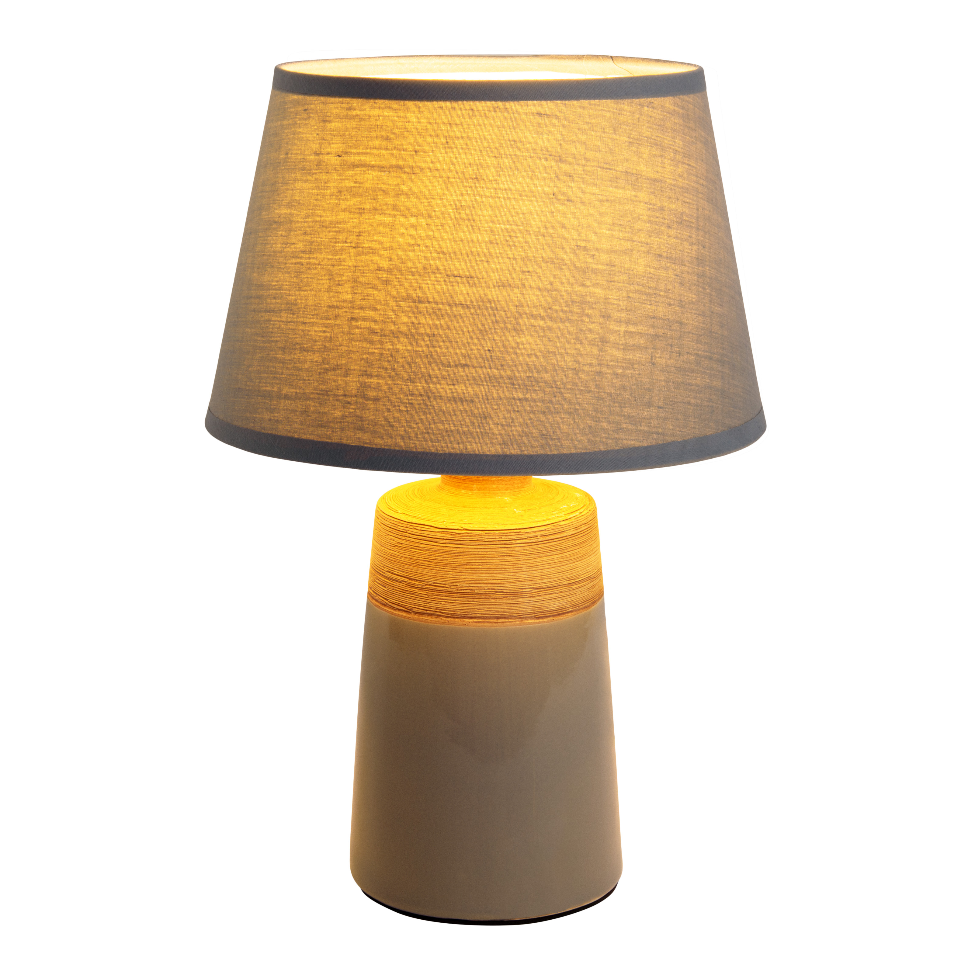 Tischlampe mit grauem Keramiksockel und grauem Lampenschirm. Weißer Hintergrund.