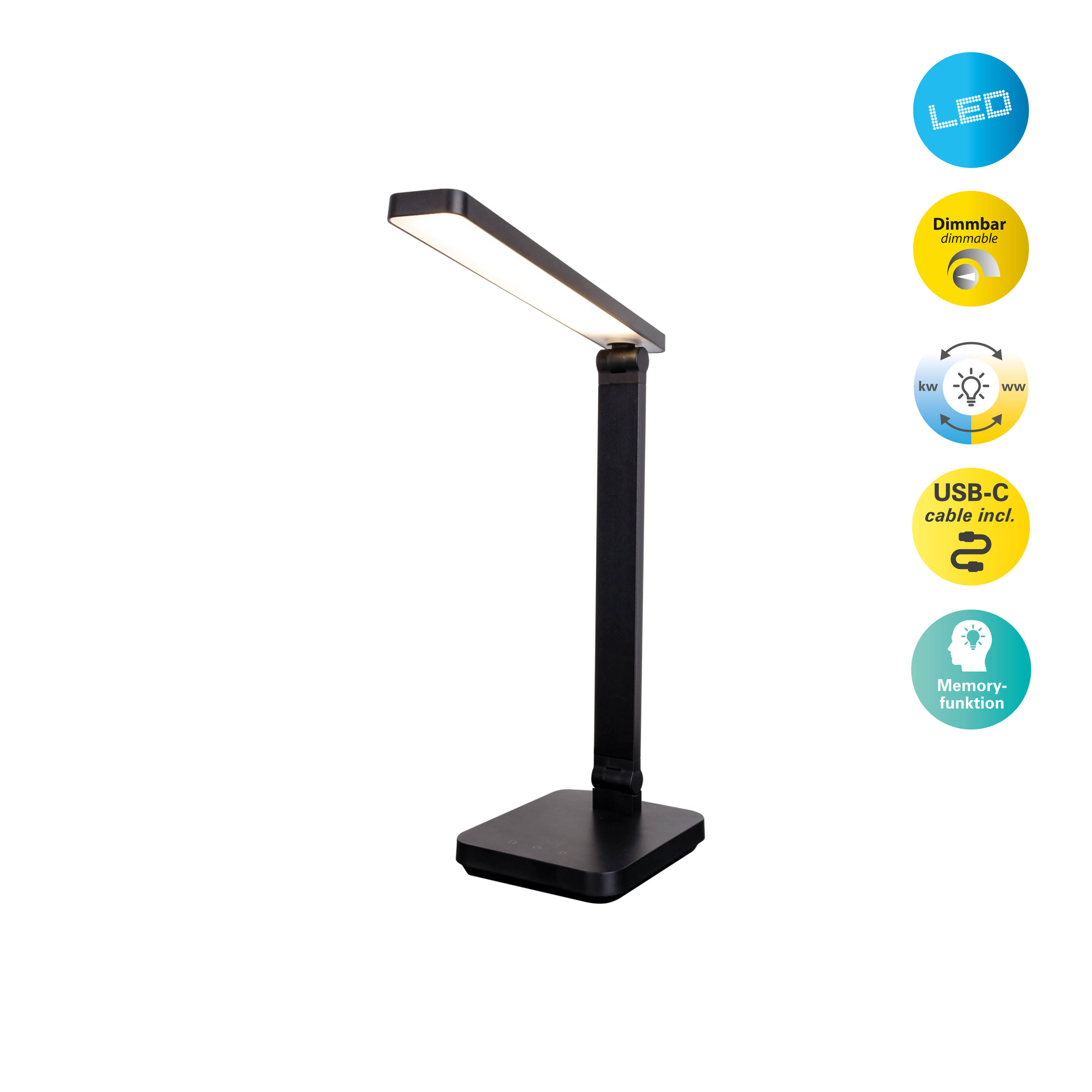 Schwarze Schreibtischlampe mit rechteckigem Licht und mehreren Funktionssymbolen.