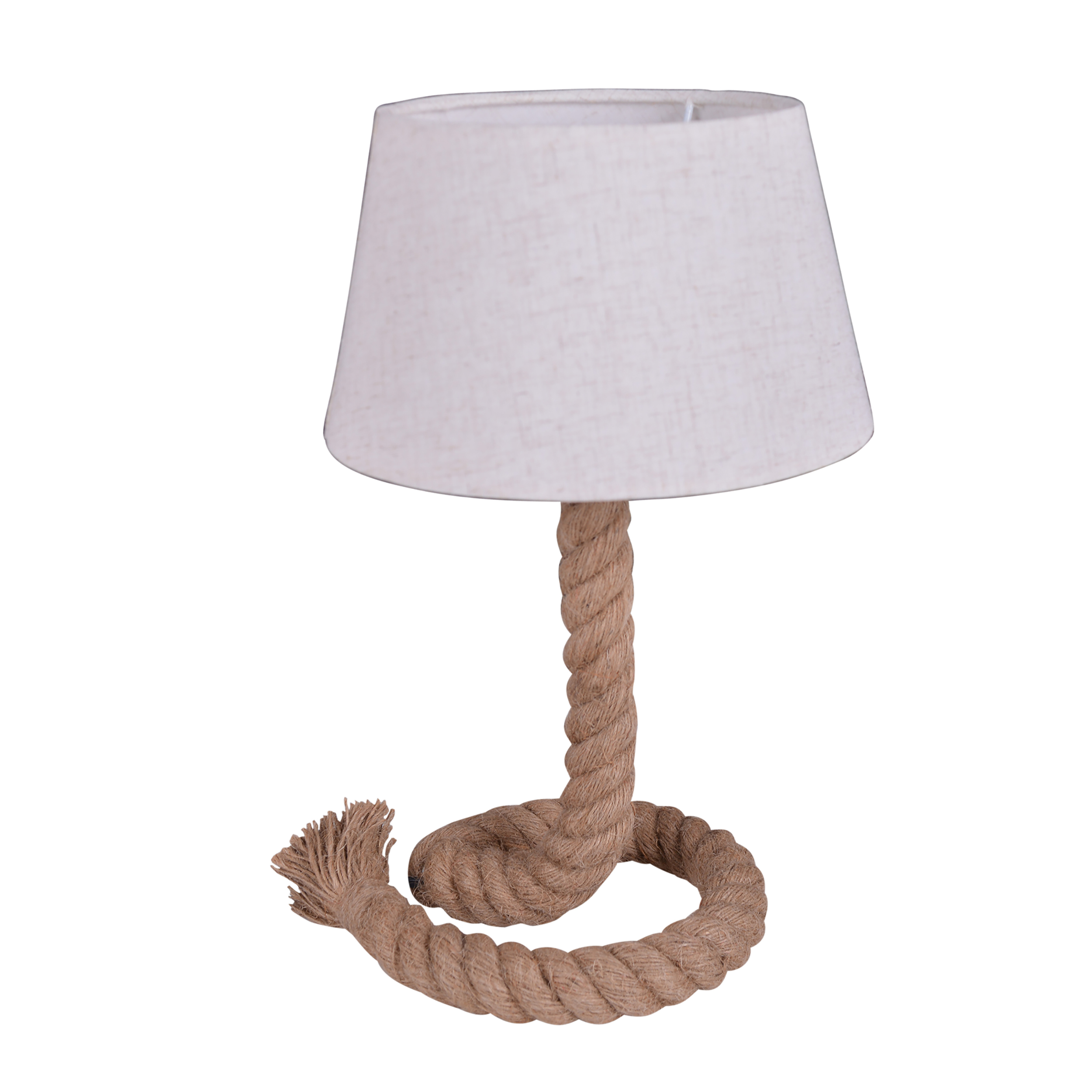 Eine Tischlampe mit Seilfuß und weißem Lampenschirm.
